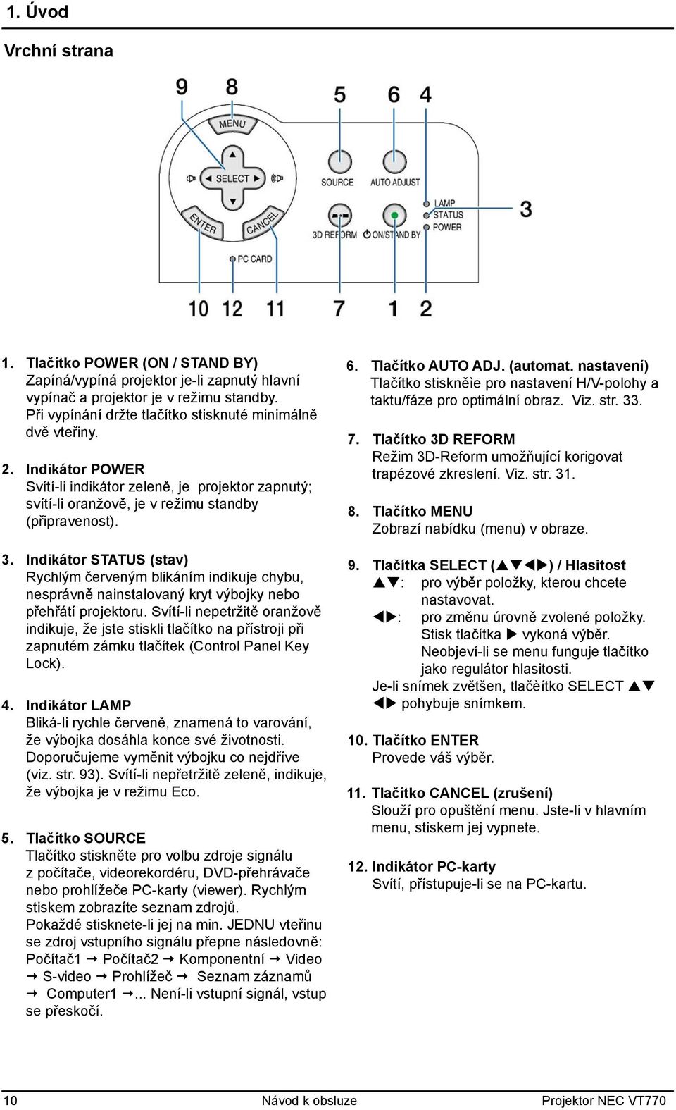 Indikátor STATUS (stav) Rychlým červeným blikáním indikuje chybu, nesprávně nainstalovaný kryt výbojky nebo přehřátí projektoru.