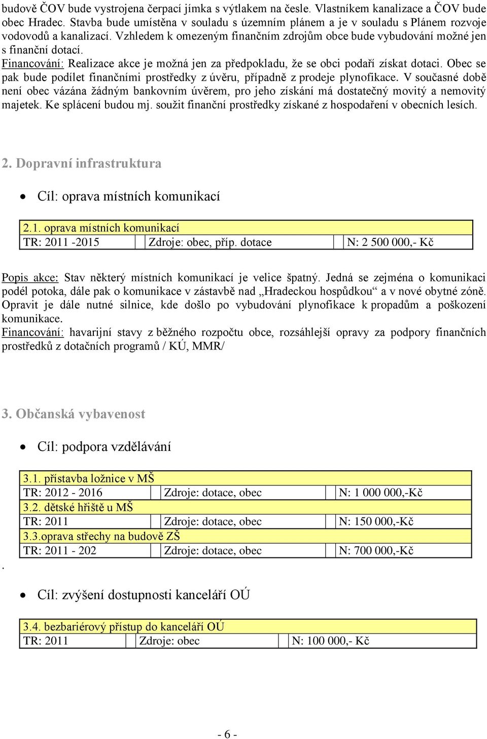 Financování: Realizace akce je možná jen za předpokladu, že se obci podaří získat dotaci. Obec se pak bude podílet finančními prostředky z úvěru, případně z prodeje plynofikace.