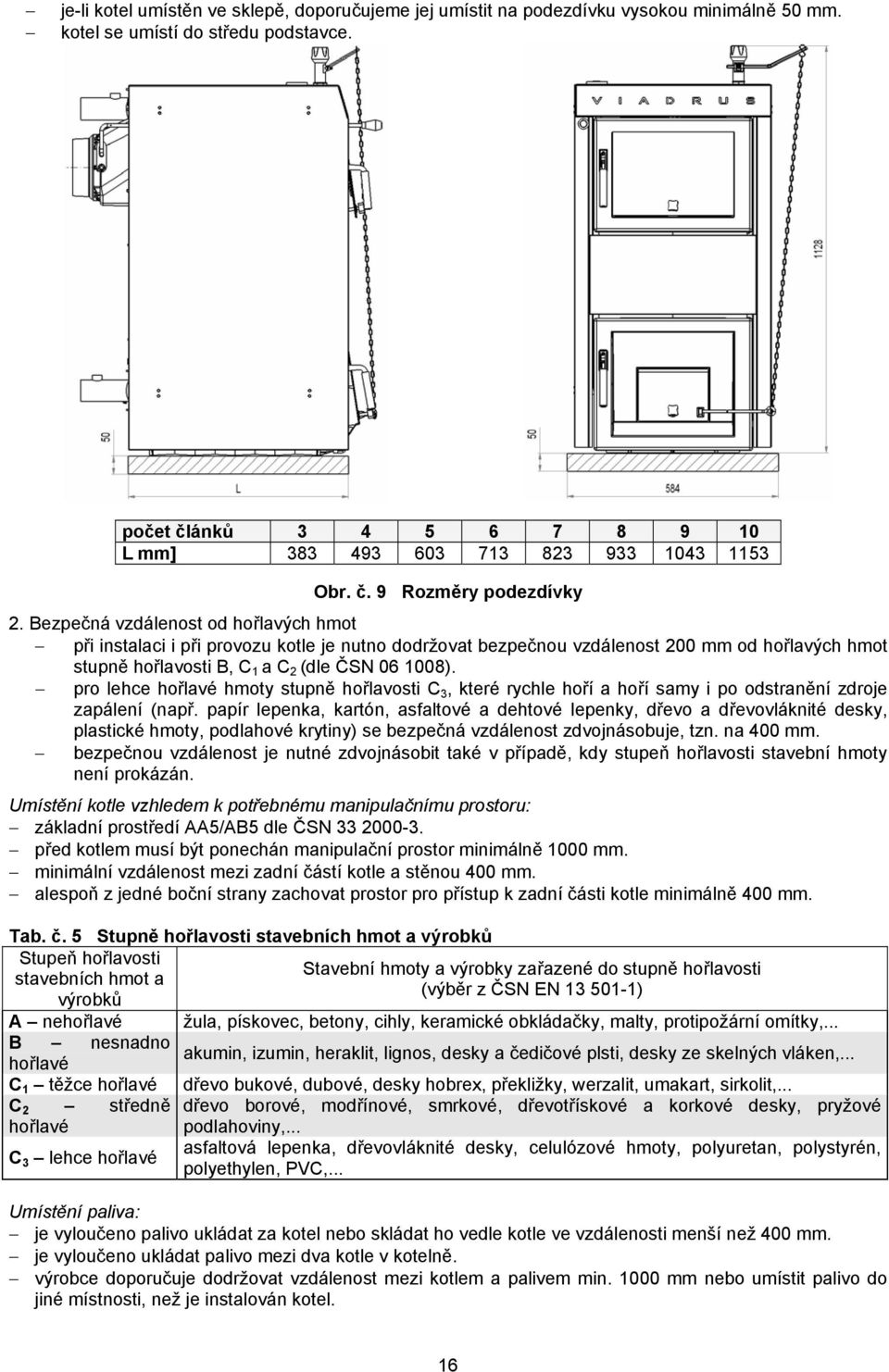 Bezpečná vzdálenost od hořlavých hmot při instalaci i při provozu kotle je nutno dodržovat bezpečnou vzdálenost 200 mm od hořlavých hmot stupně hořlavosti B, C 1 a C 2 (dle ČSN 06 1008).