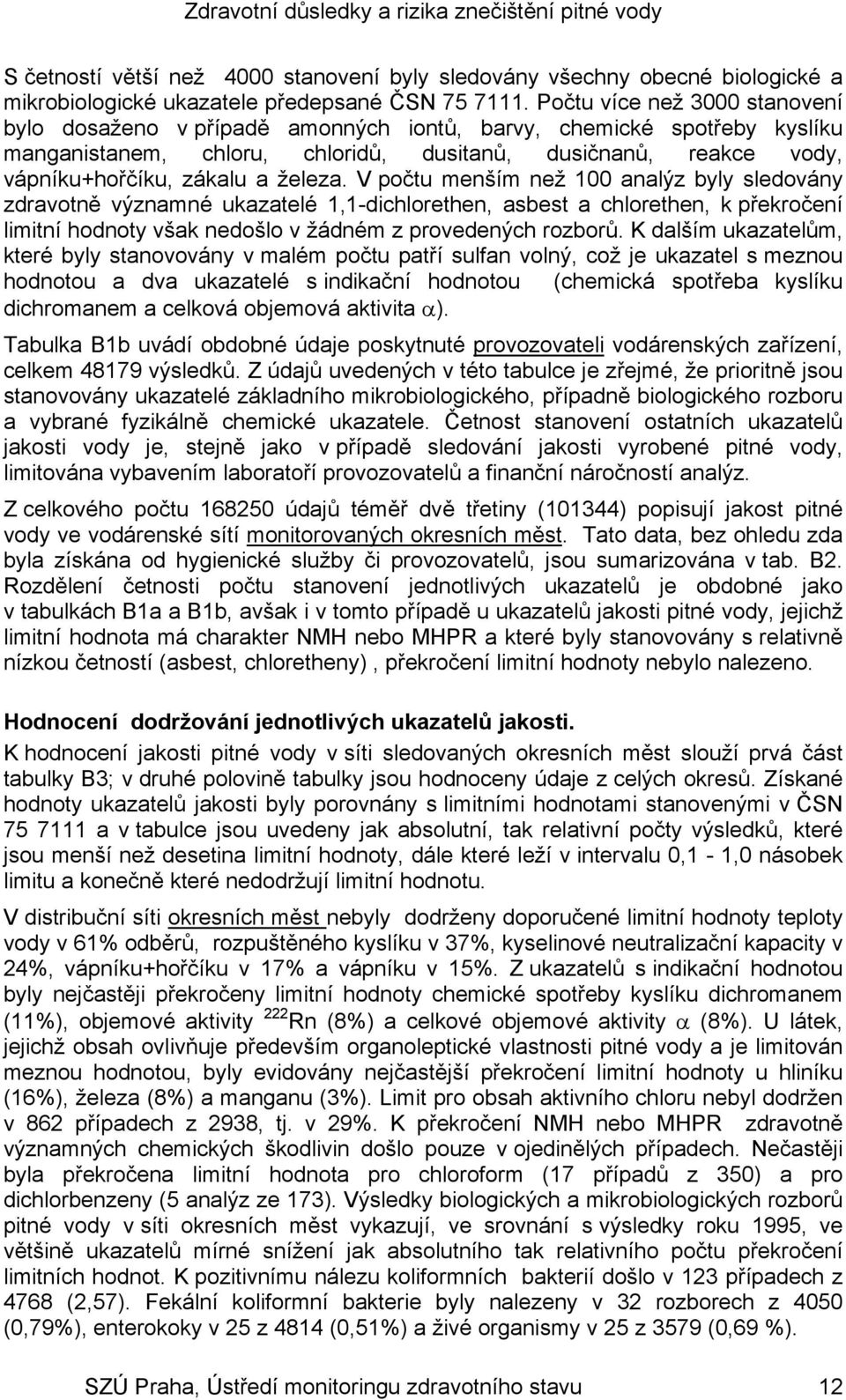 železa. V počtu menším než 100 analýz byly sledovány zdravotně významné ukazatelé 1,1-dichlorethen, asbest a chlorethen, k překročení limitní hodnoty však nedošlo v žádném z provedených rozborů.