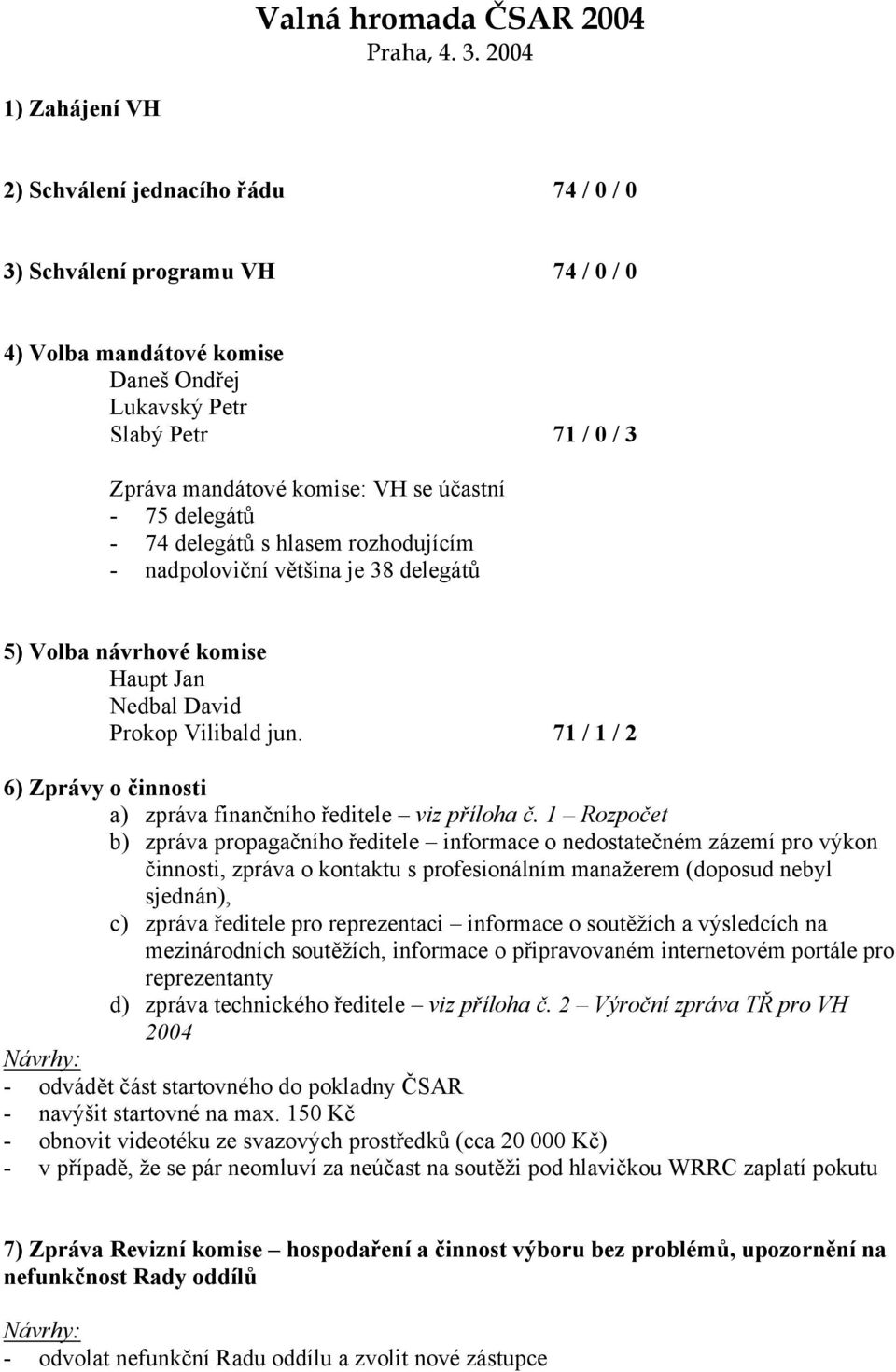 se účastní - 75 delegátů - 74 delegátů s hlasem rozhodujícím - nadpoloviční většina je 38 delegátů 5) Volba návrhové komise Haupt Jan Nedbal David Prokop Vilibald jun.