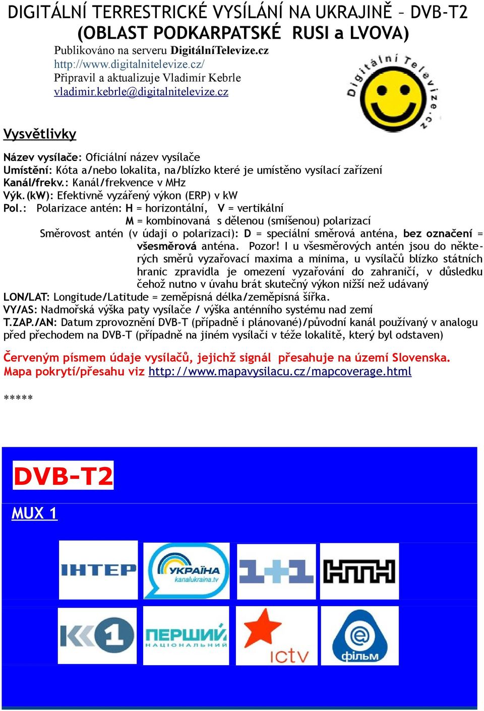 cz Vysvětlivky Název vysílače: Oficiální název vysílače Umístění: Kóta a/nebo lokalita, na/blízko které je umístěno vysílací zařízení /: /frekvence v Mz : Efektivně vyzářený výkon (ERP) v kw Pol.