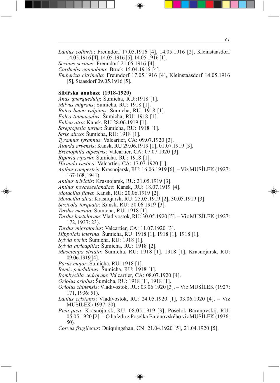 Milvus migrans: Šumicha, RU: 1918 [1]. Buteo buteo vulpinus: Šumicha, RU: 1918 [1]. Falco tinnunculus: Šumicha, RU: 1918 [1]. Fulica atra: Kansk, RU 28.06.1919 [1].