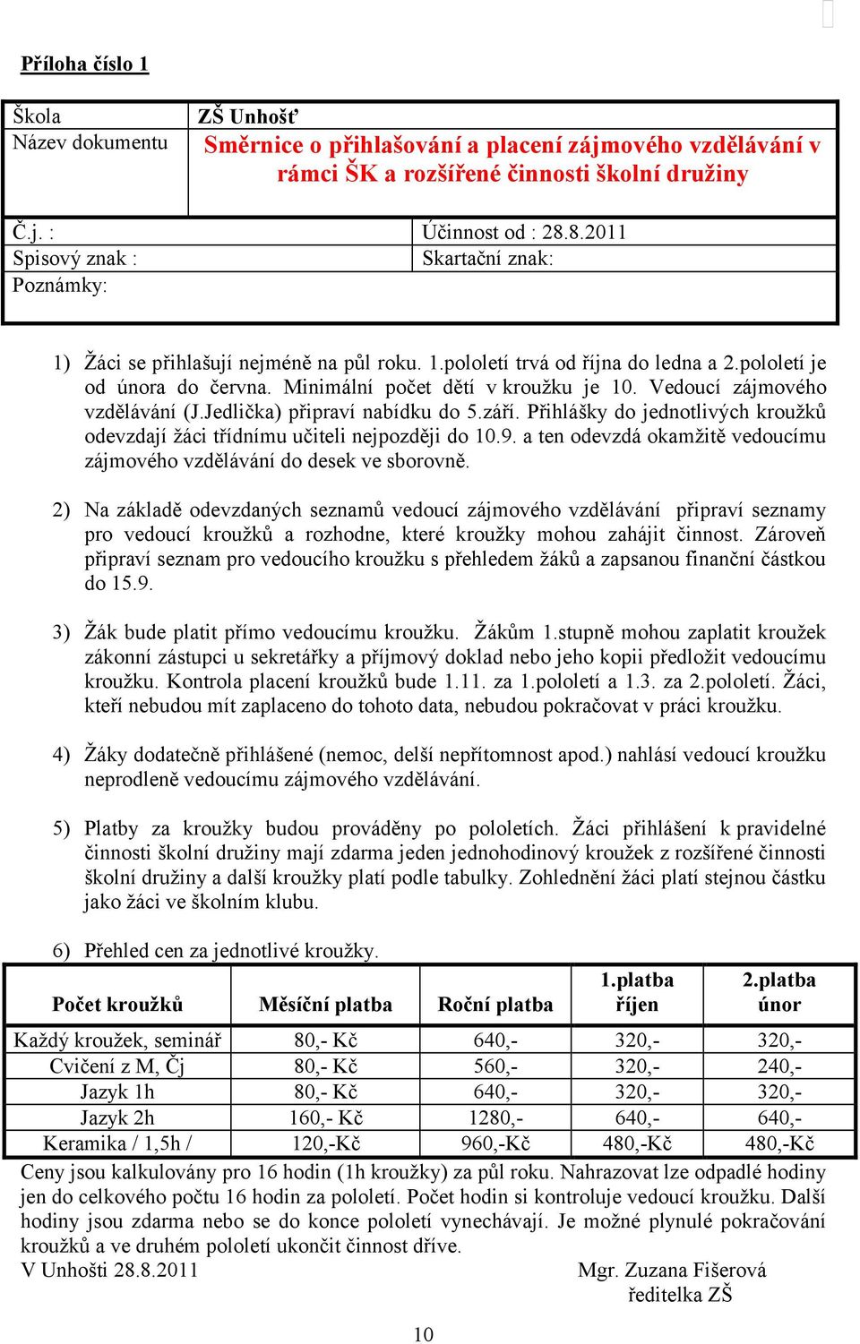 Vedoucí zájmového vzdělávání (J.Jedlička) připraví nabídku do 5.září. Přihlášky do jednotlivých kroužků odevzdají žáci třídnímu učiteli nejpozději do 10.9.