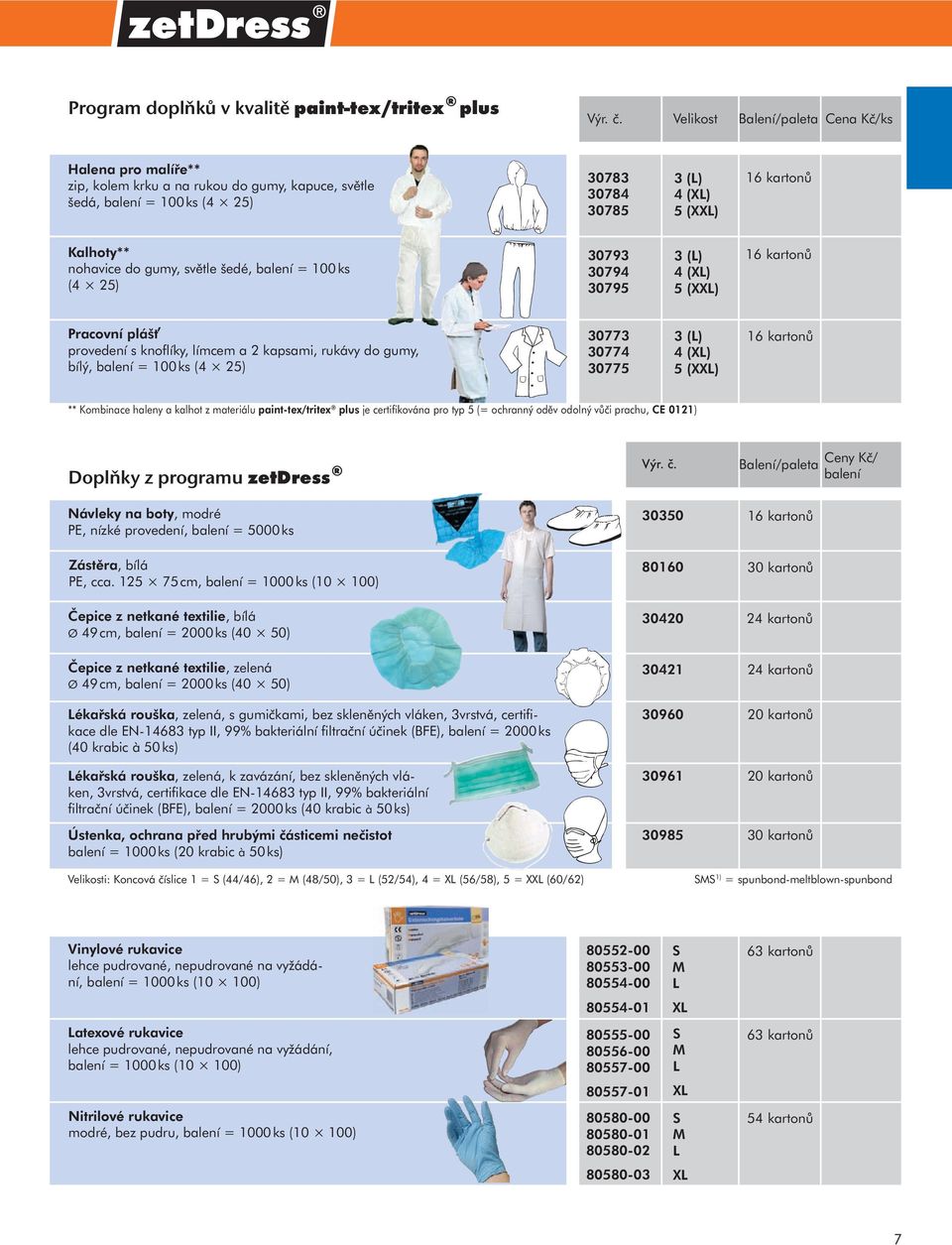 balení = 100 ks (4 25) 30773 30774 30775 3 (L) 4 (XL) 5 (XXL) 16 kartonů ** Kombinace haleny a kalhot z materiálu paint-tex/tritex plus je certifikována pro typ 5 (= ochranný oděv odolný vůči prachu,