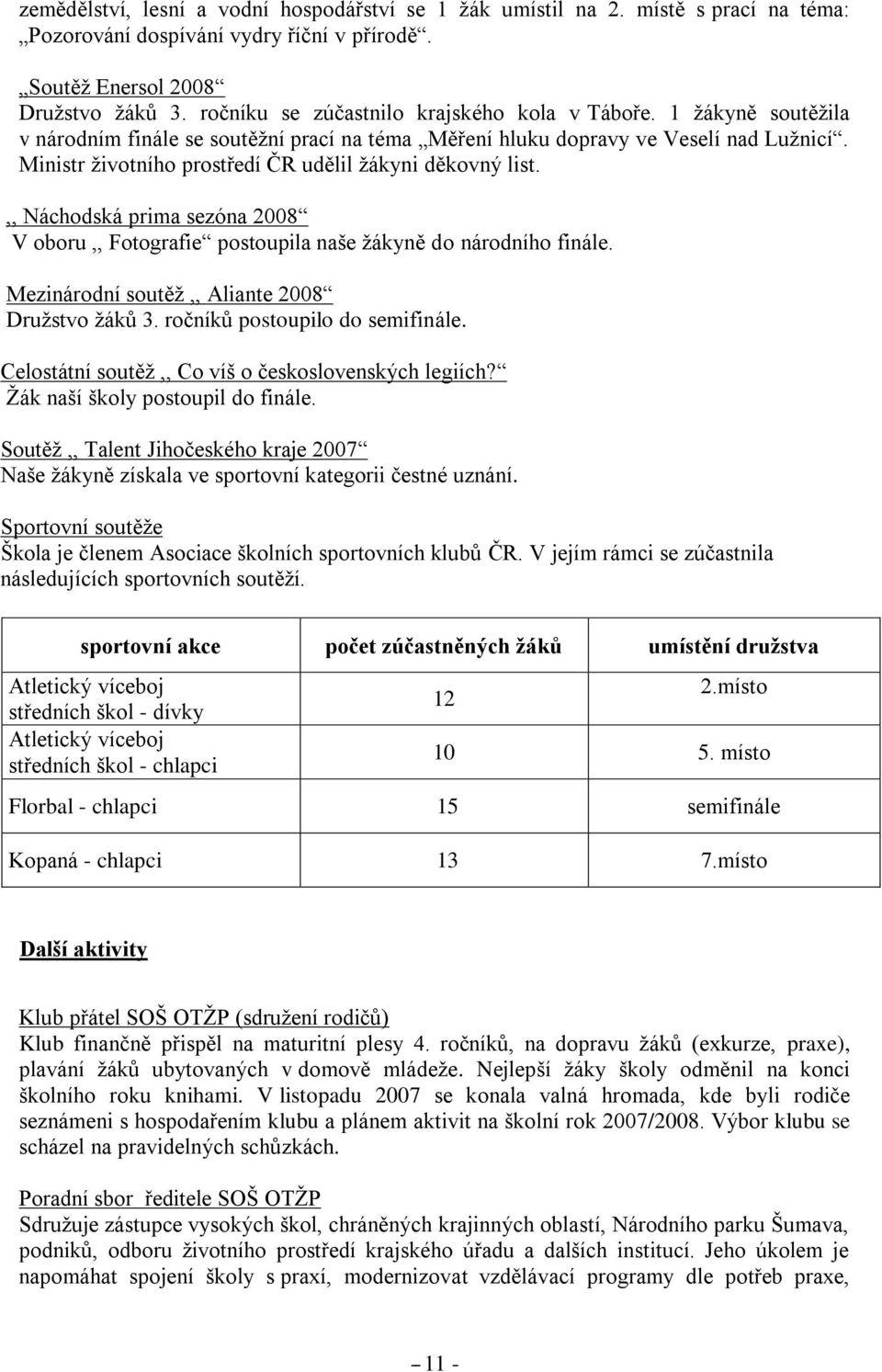 Ministr ţivotního prostředí ČR udělil ţákyni děkovný list.,, Náchodská prima sezóna 2008 V oboru,, Fotografie postoupila naše ţákyně do národního finále.