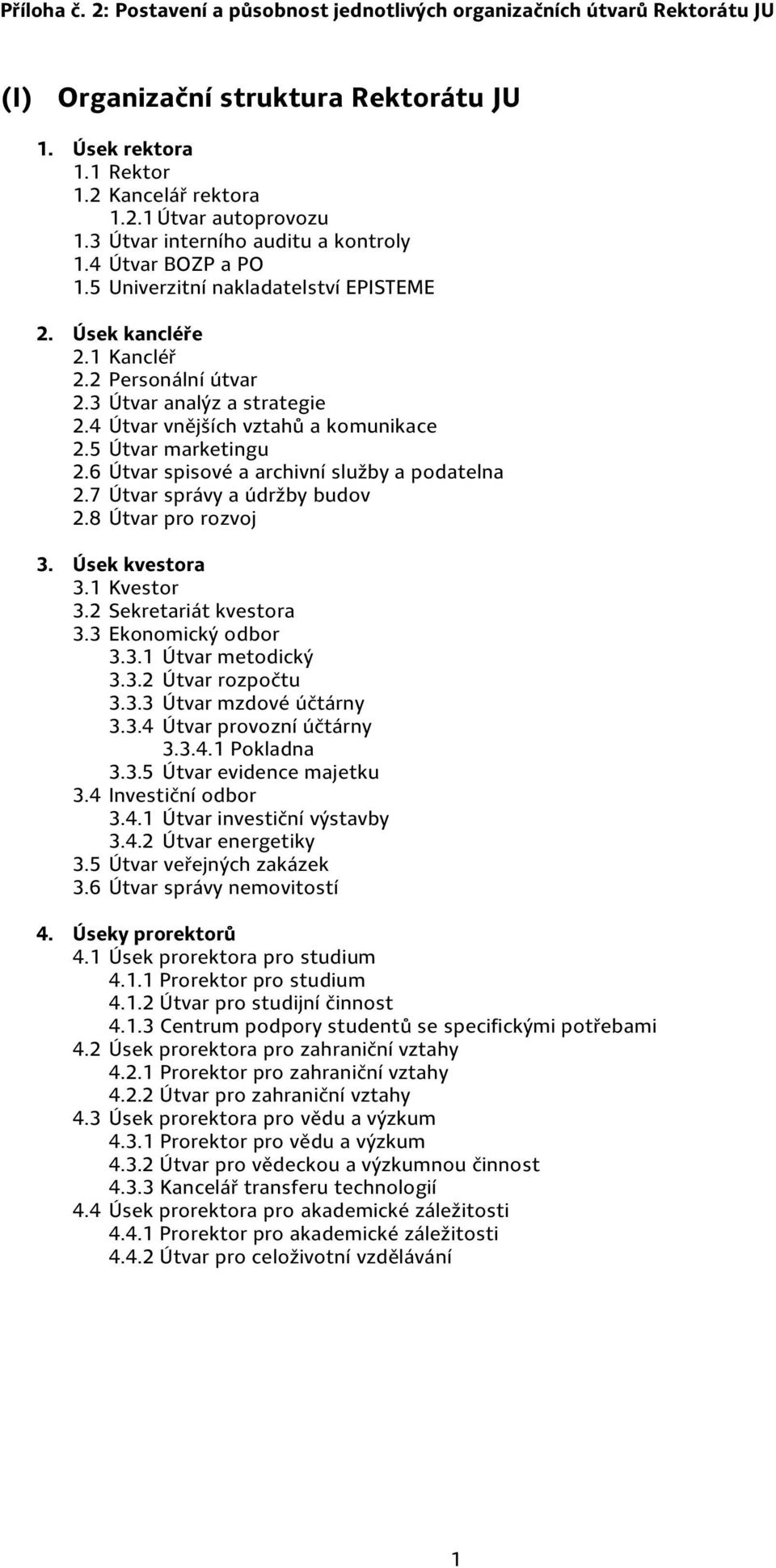 4 Útvar vnějších vztahů a komunikace 2.5 Útvar marketingu 2.6 Útvar spisové a archivní služby a podatelna 2.7 Útvar správy a údržby budov 2.8 Útvar pro rozvoj 3. Úsek kvestora 3.1 Kvestor 3.