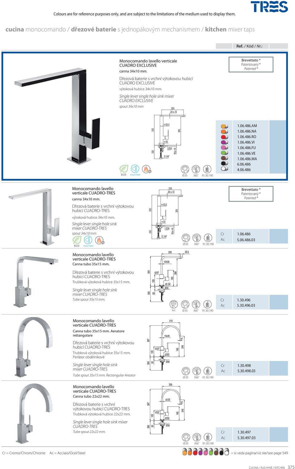 výtokovou hubicí CUADRO EXCLUSIVE výtoková hubice 34x10 mm. mixer CUADRO EXCLUSIVE spout 34x10 mm 220 34 x 10 Brevettato Patentovaný Patented 300 350 33,5 52 G 3/8 Max 45 285 1.06.486.AM 1.06.486.NA 1.