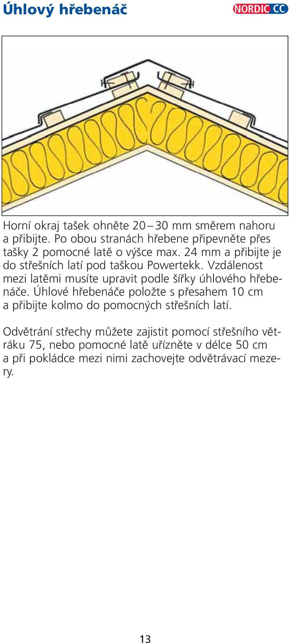 24 mm a pfiibijte je do stfie ních latí pod ta kou Powertekk. Vzdálenost mezi latûmi musíte upravit podle ífiky úhlového hfiebenáãe.