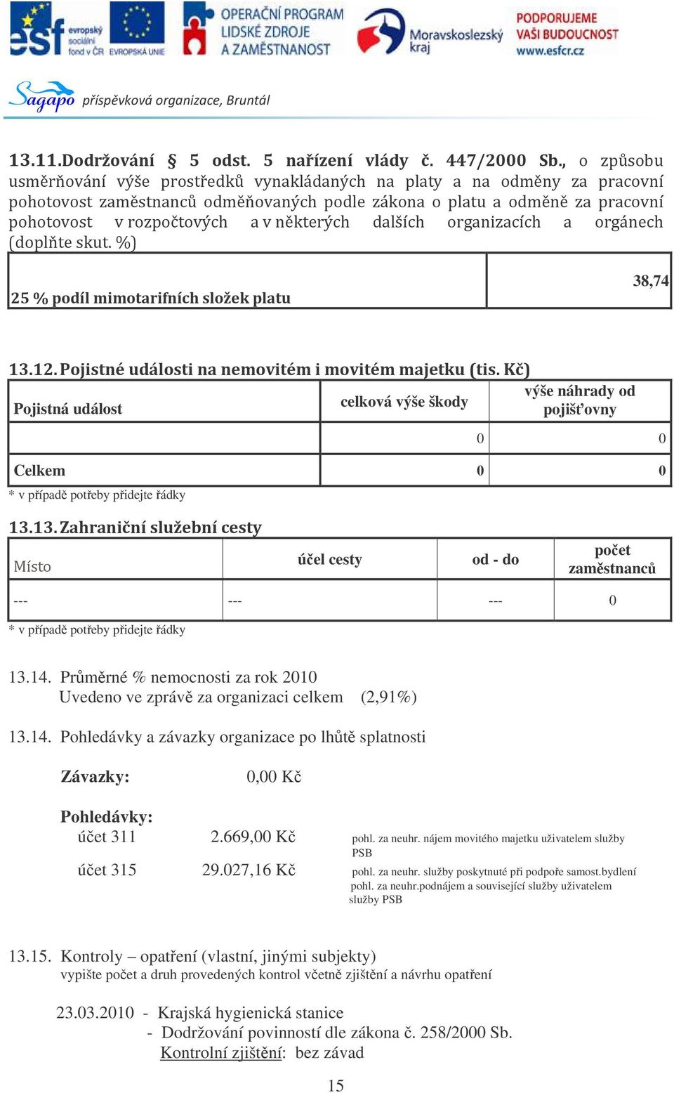 669,00 K pohl. za neuhr. nájem movitého majetku uživatelem služby PSB úet 315 29.027,16 K pohl. za neuhr. služby poskytnuté pi podpoe samost.bydlení pohl. za neuhr.podnájem a související služby uživatelem služby PSB 13.