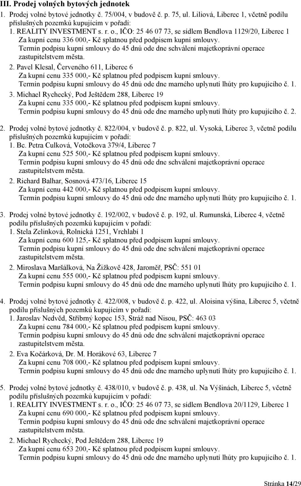 3. Michael Rychecký, Pod Ještědem 288, Liberec 19 Za kupní cenu 335 000,- Kč splatnou před podpisem kupní smlouvy.