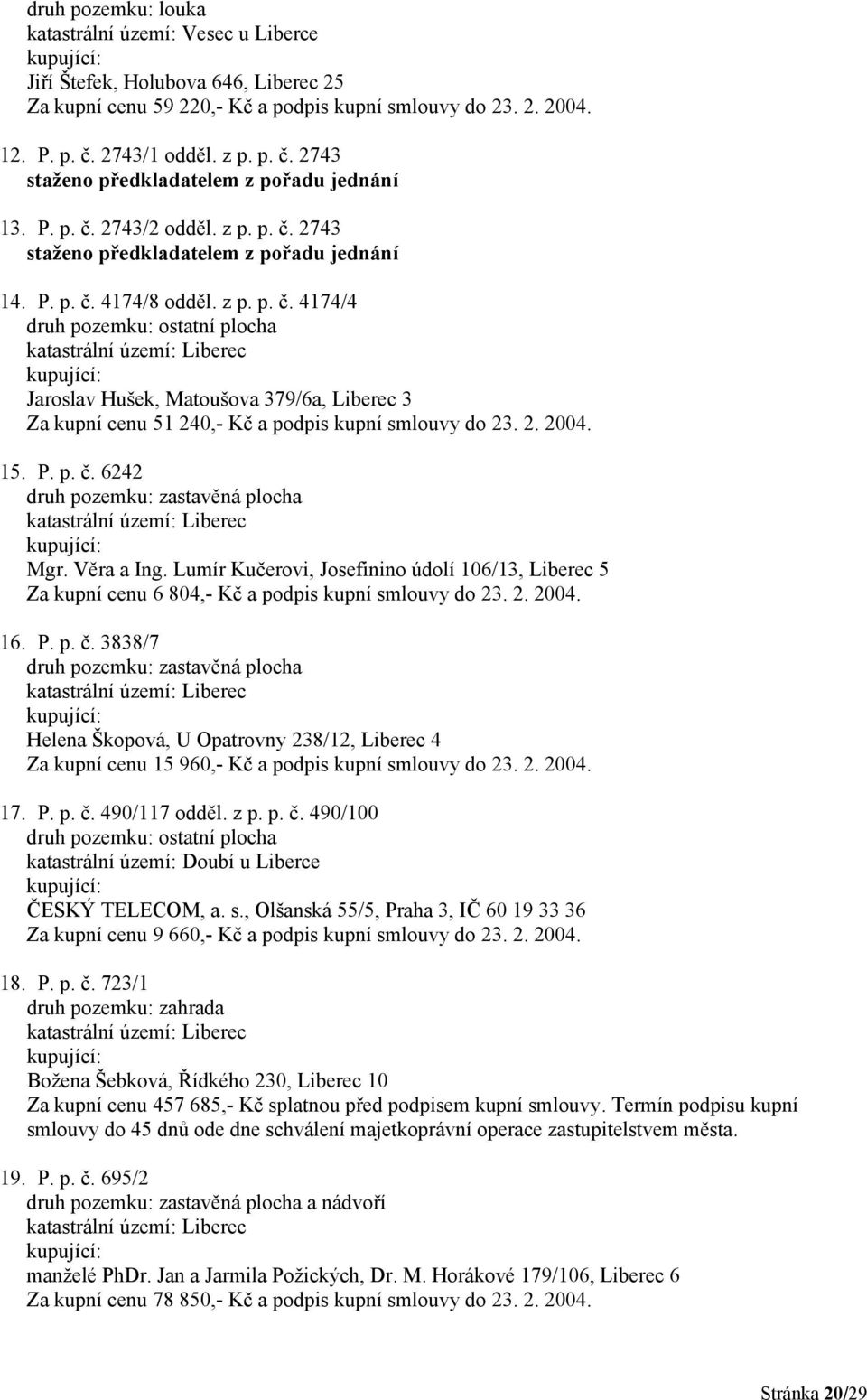 2. 2004. 15. P. p. č. 6242 druh pozemku: zastavěná plocha katastrální území: Liberec Mgr. Věra a Ing.