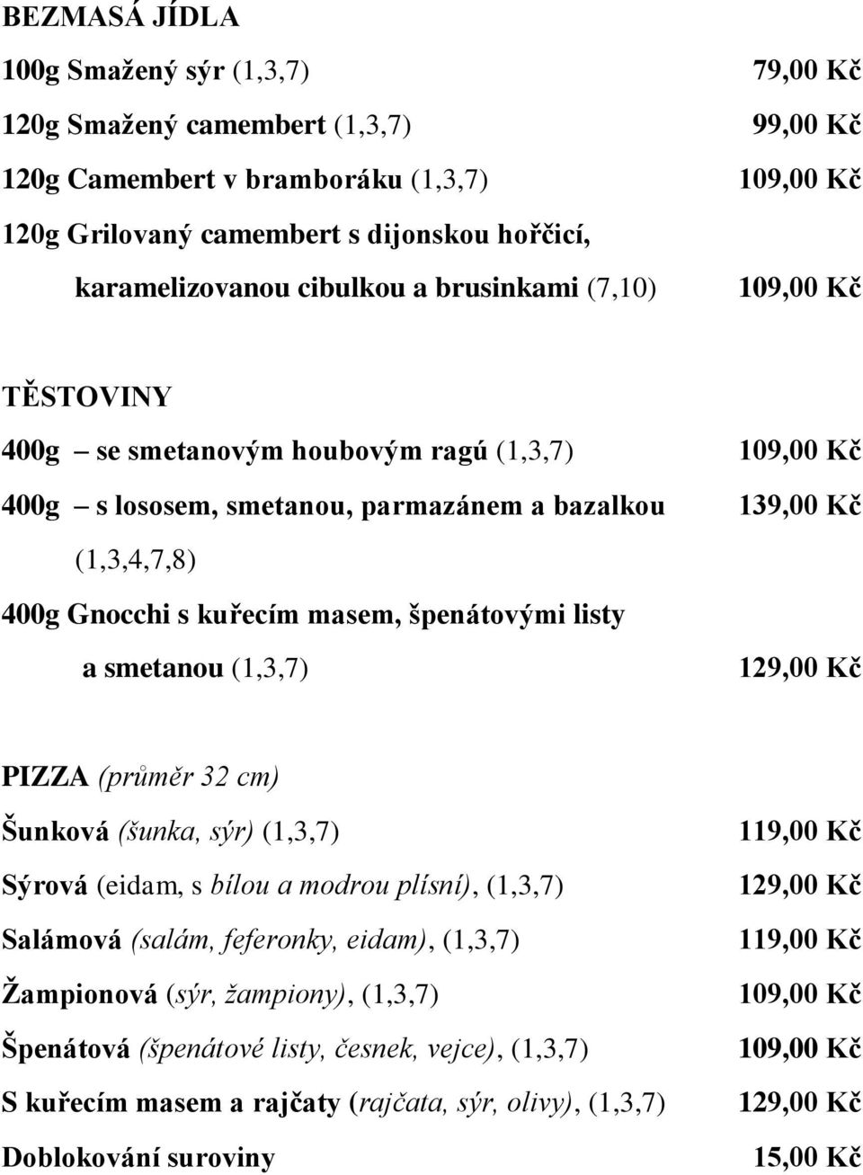 s kuřecím masem, špenátovými listy a smetanou (1,3,7) PIZZA (průměr 32 cm) Šunková (šunka, sýr) (1,3,7) Sýrová (eidam, s bílou a modrou plísní), (1,3,7) Salámová (salám,