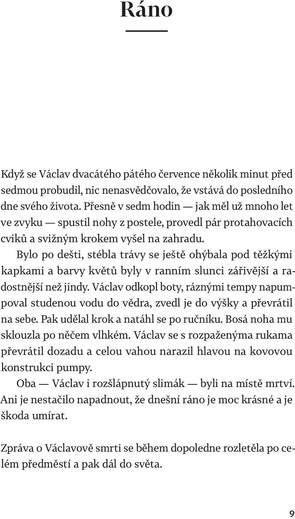 Bylo po dešti, stébla trávy se ještě ohýbala pod těžkými kapkami a barvy květů byly v ranním slunci zářivější a radostnější než jindy.