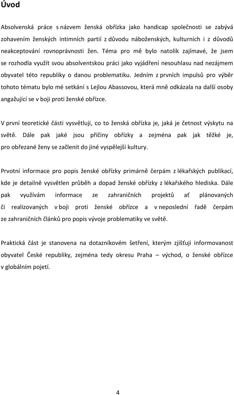 Jedním z prvních impulsů pro výběr tohoto tématu bylo mé setkání s Lejlou Abassovou, která mně odkázala na další osoby angažující se v boji proti ženské obřízce.