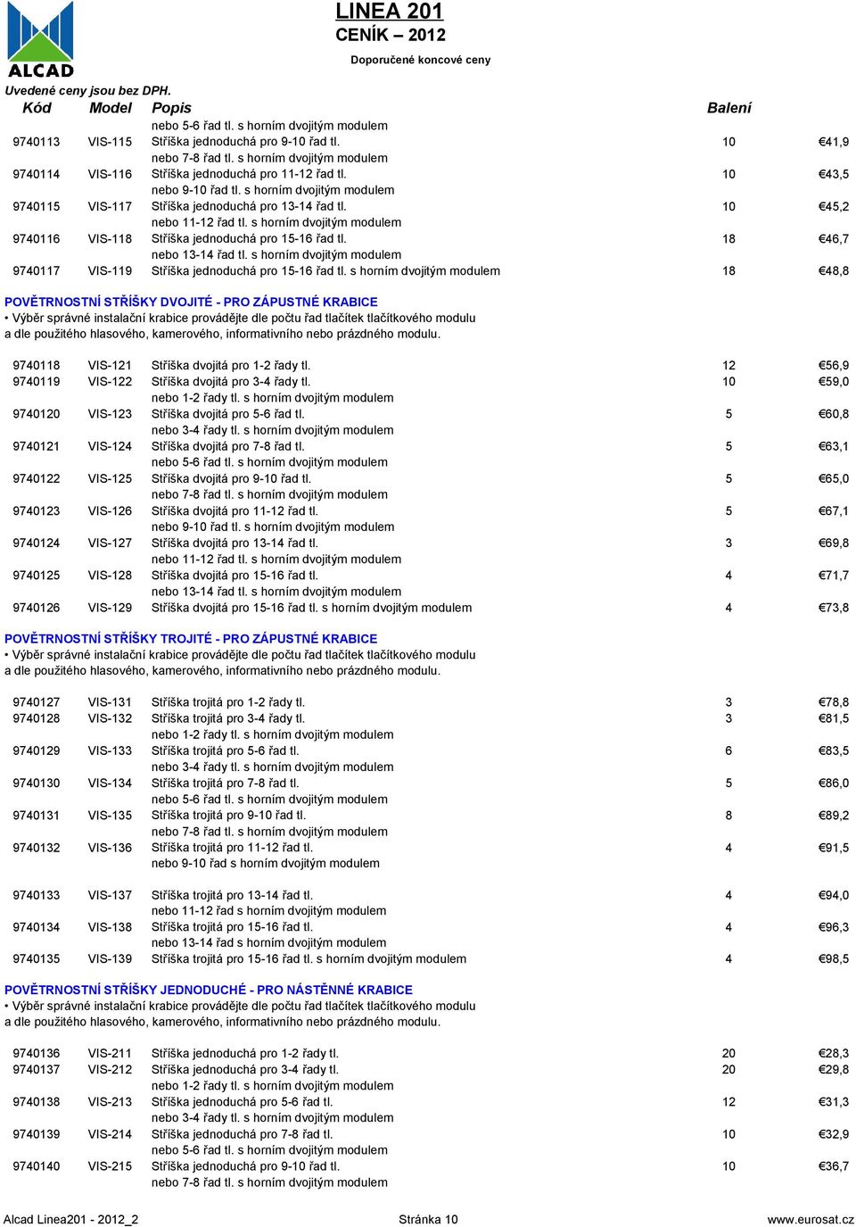 18 46,7 nebo 13-14 řad tl. s horním dvojitým modulem 9740117 VIS-119 Stříška jednoduchá pro 15-16 řad tl.