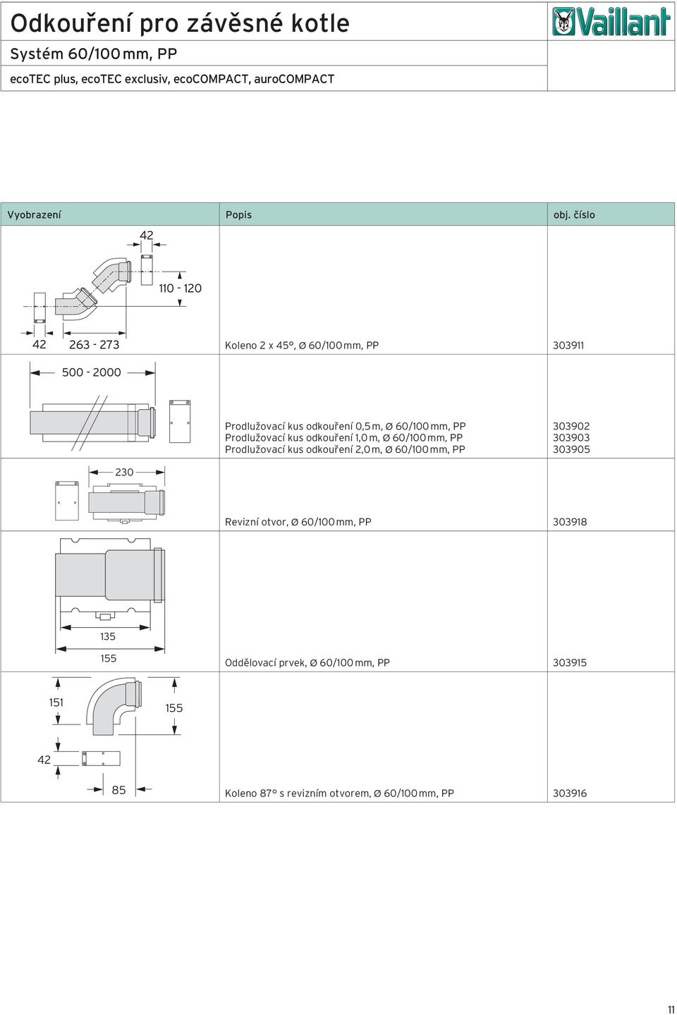 Prodlužovací kus odkouření 2,0 m, Ø 60/100 mm, PP 303902 303903 303905 230 Revizní otvor, Ø 60/100 mm, PP