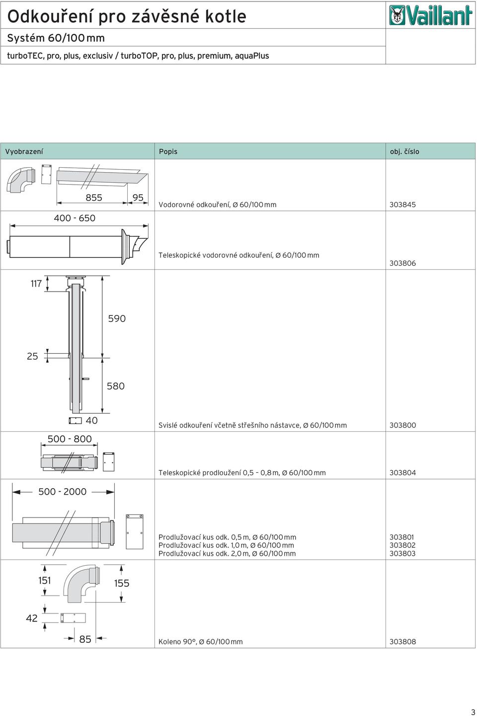 303800 Teleskopické prodloužení 0,5 0,8 m, Ø 60/100 mm 303804 Prodlužovací kus odk.