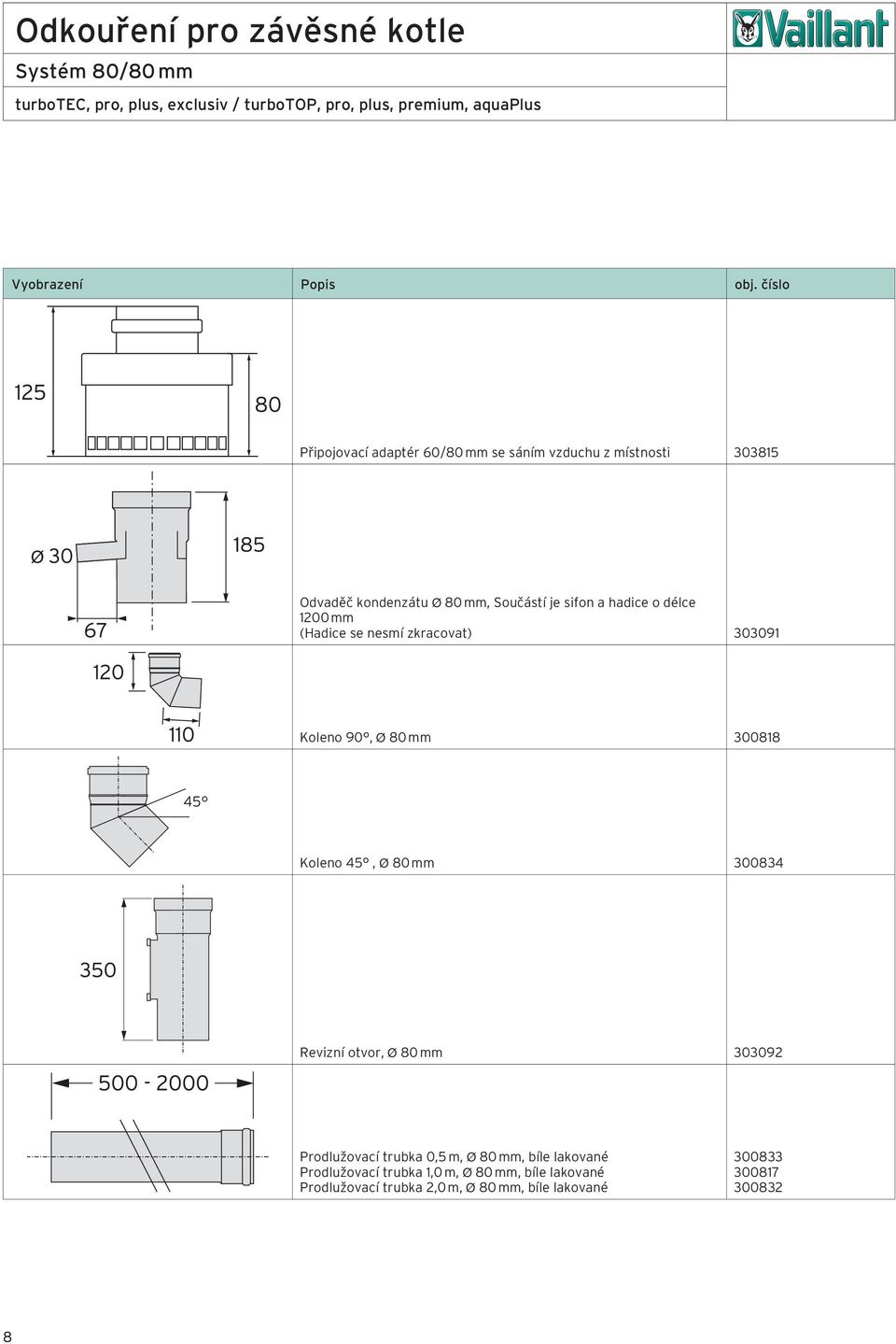 303091 Koleno 90, Ø 80 mm 300818 45 Koleno 45, Ø 80 mm 300834 Revizní otvor, Ø 80 mm 303092 Prodlužovací trubka 0,5 m, Ø 80 mm,