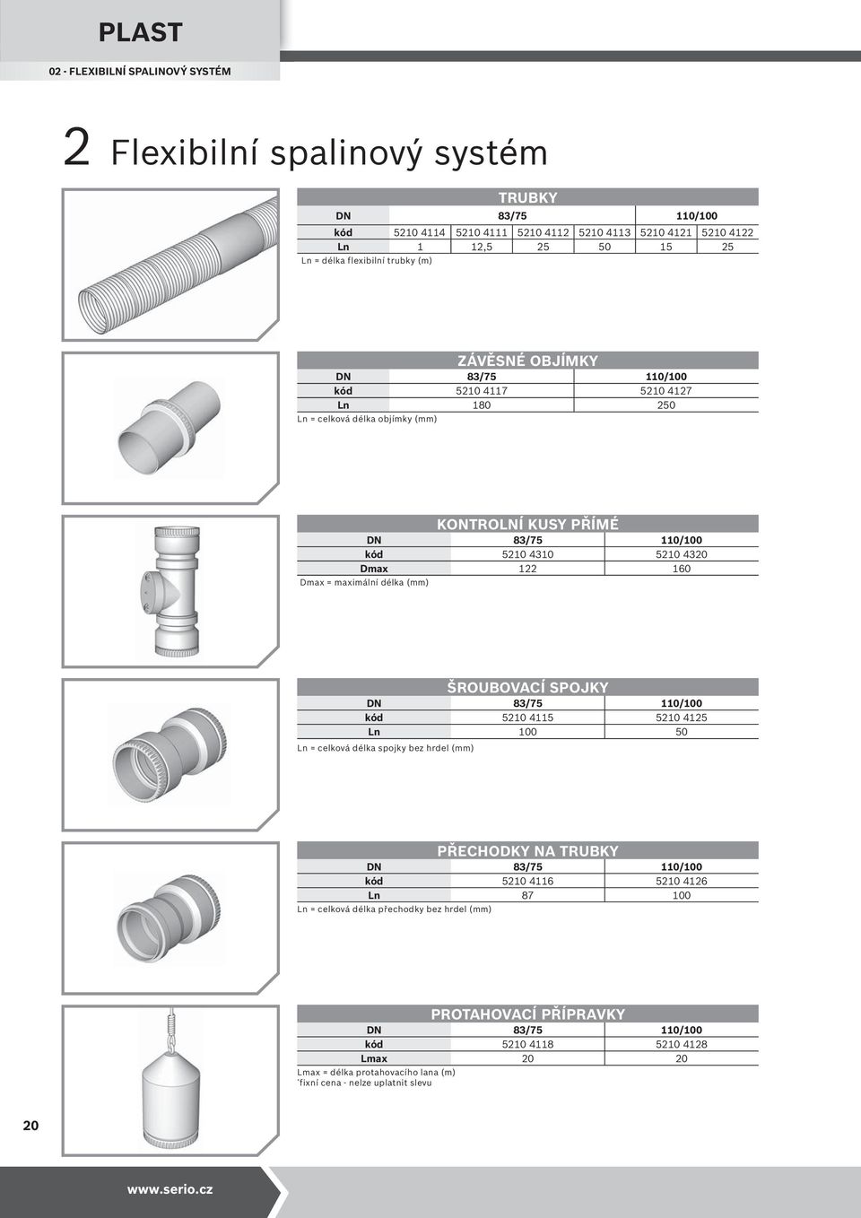 maximální délka (mm) ŠROUBOVACÍ SPOJKY DN 83/75 110/100 kód 510 4115 510 415 Ln 100 50 Ln = celková délka spojky bez hrdel (mm) PŘECHODKY NA TRUBKY DN 83/75 110/100 kód 510 411 510 41 Ln 87