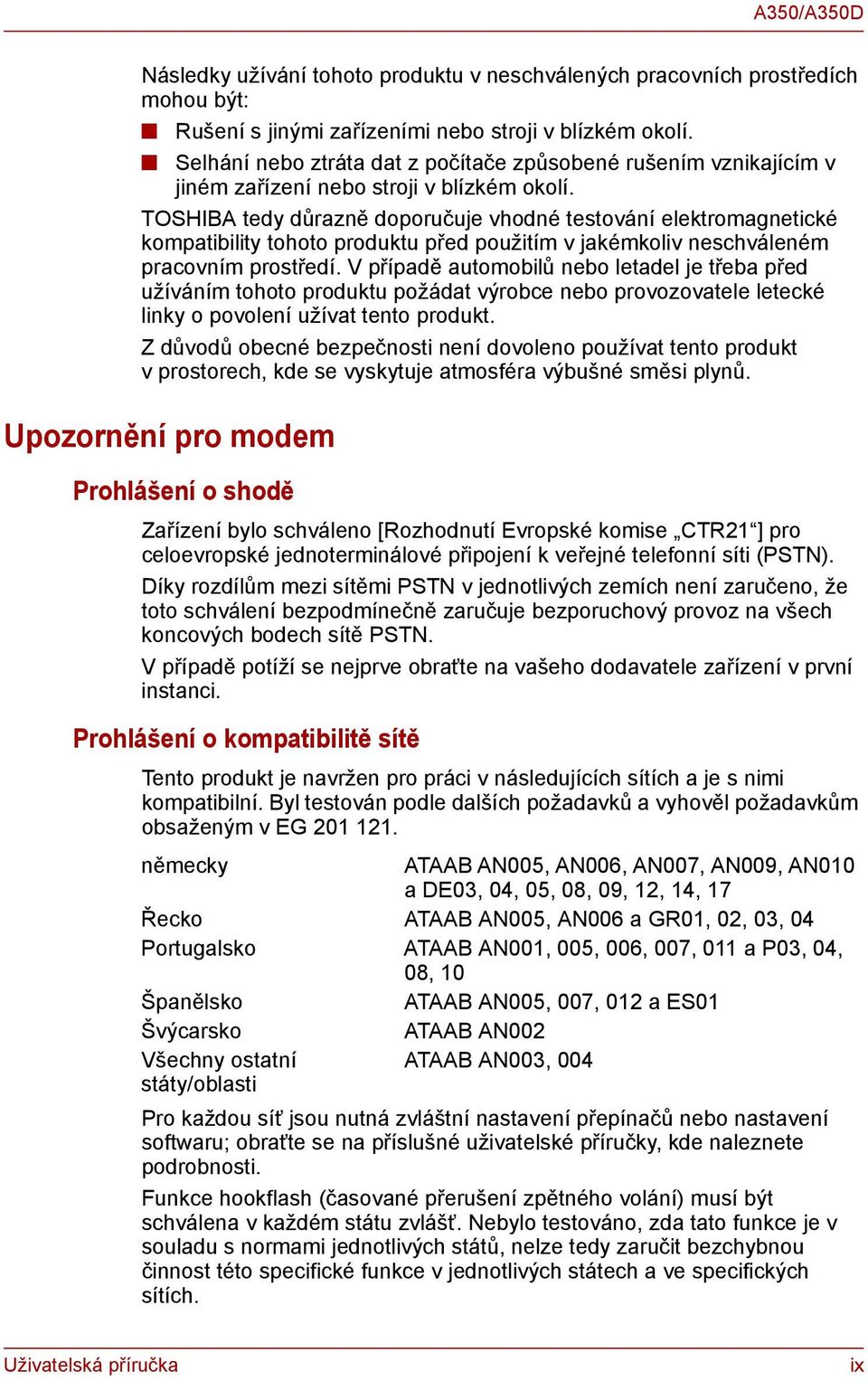 TOSHIBA tedy důrazně doporučuje vhodné testování elektromagnetické kompatibility tohoto produktu před použitím v jakémkoliv neschváleném pracovním prostředí.