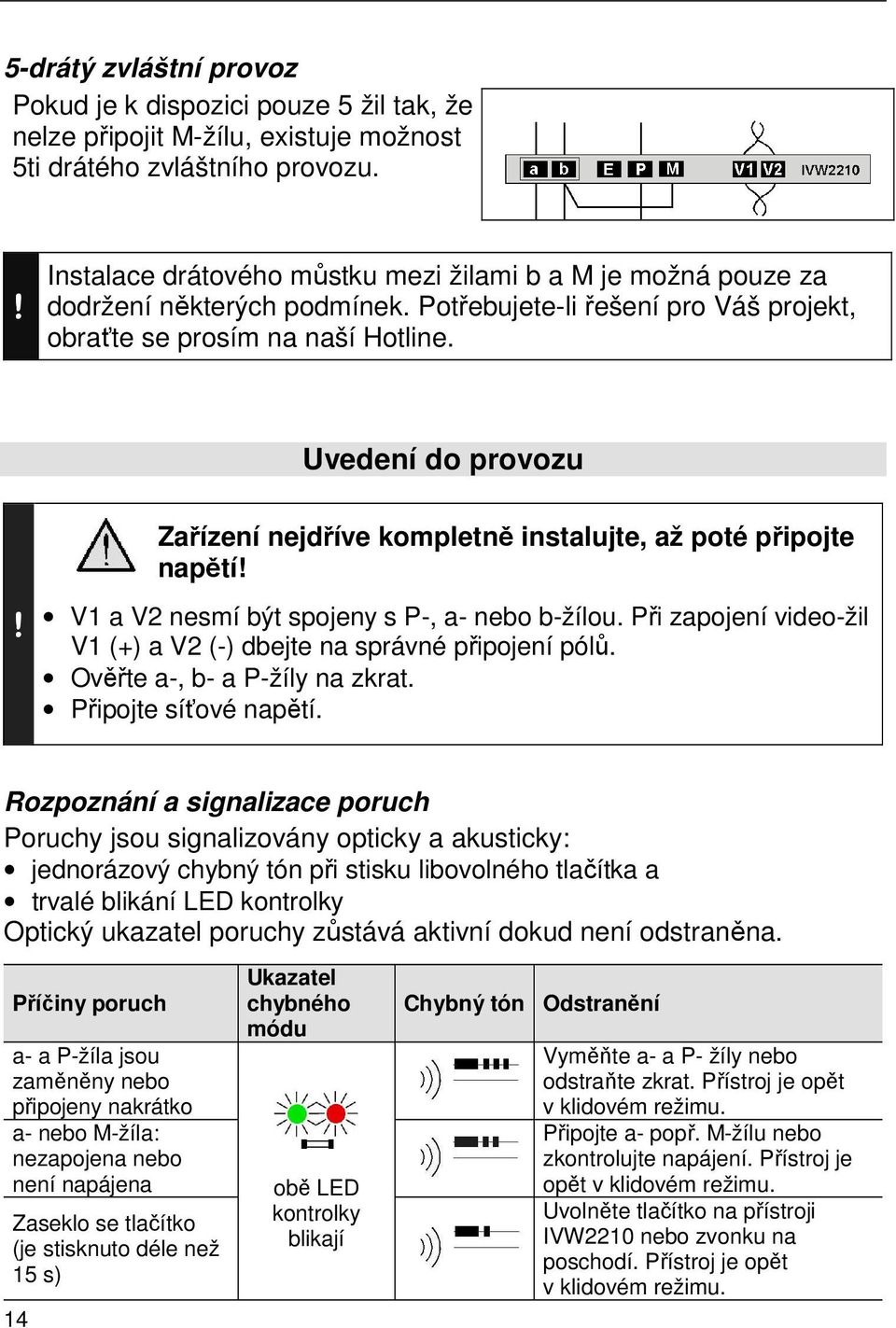 Uvedení do provozu Zařízení nejdříve kompletně instalujte, až poté připojte napětí!! V1 a V2 nesmí být spojeny s P-, a- nebo b-žílou.