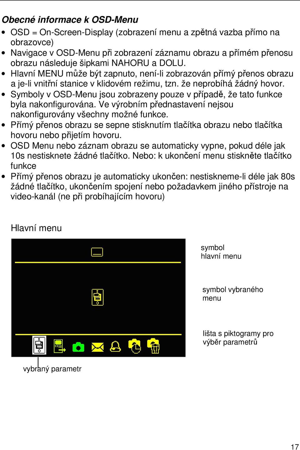 Symboly v OSD-Menu jsou zobrazeny pouze v případě, že tato funkce byla nakonfigurována. Ve výrobním přednastavení nejsou nakonfigurovány všechny možné funkce.