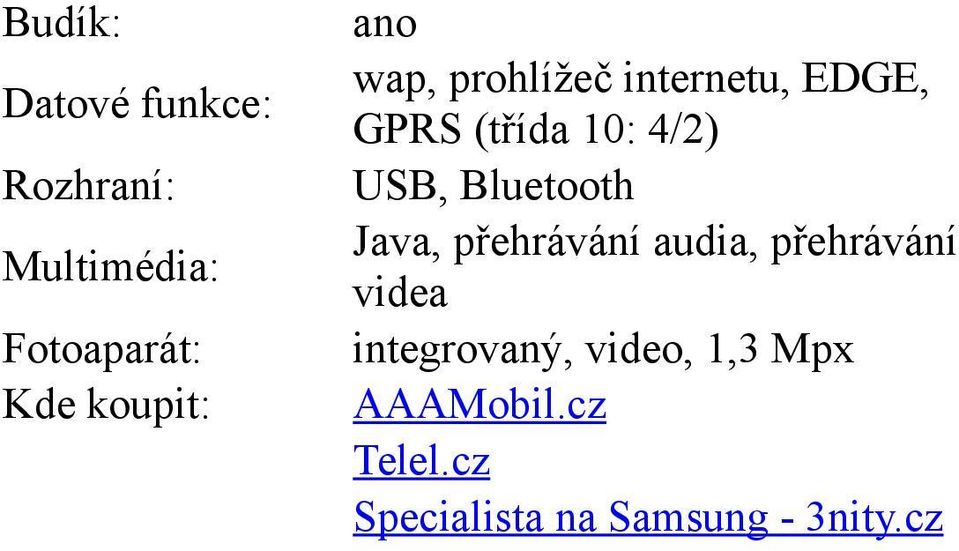 USB, Bluetooth Java, přehrávání audia, přehrávání videa