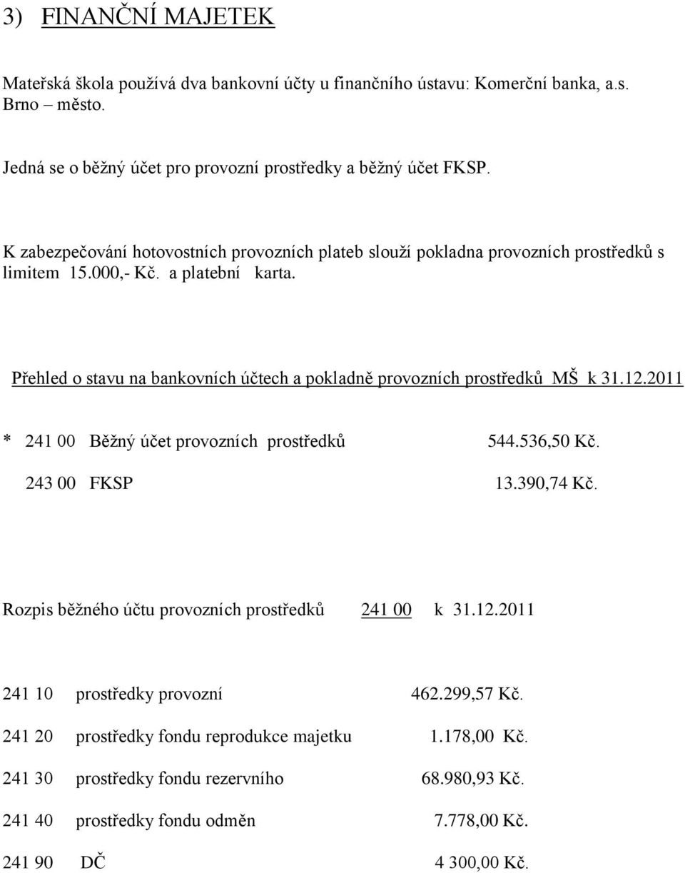 Přehled o stavu na bankovních účtech a pokladně provozních prostředků MŠ k 31.12.2011 * 241 00 Běžný účet provozních prostředků 544.536,50 Kč. 243 00 FKSP 13.390,74 Kč.