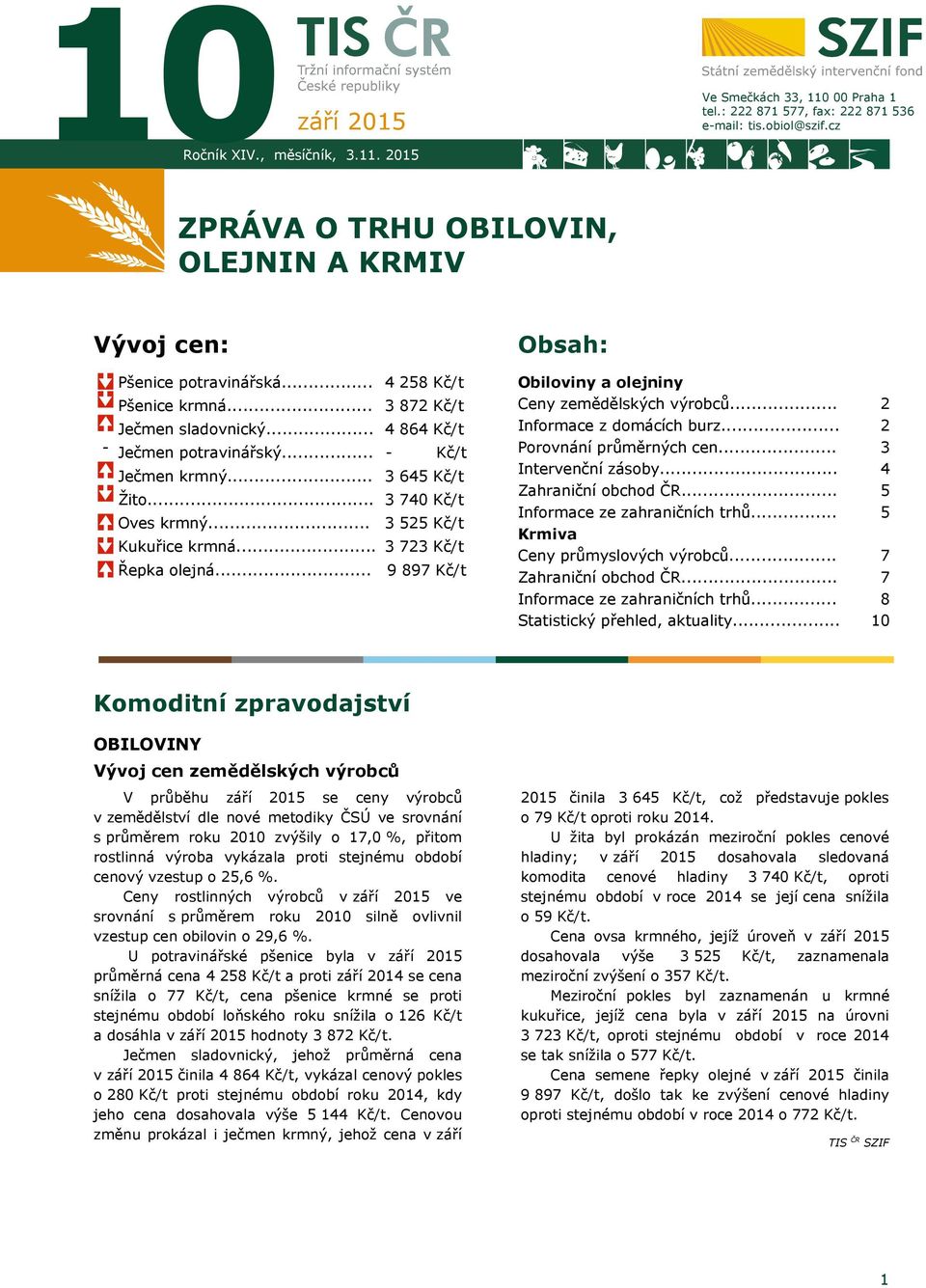 .. Kukuřice krmná... Řepka olejná... 4 258 Kč/t 3 872 Kč/t 4 864 Kč/t - Kč/t 3 645 Kč/t 3 740 Kč/t 3 525 Kč/t 3 723 Kč/t 9 897 Kč/t Obiloviny a olejniny Ceny zemědělských výrobců.