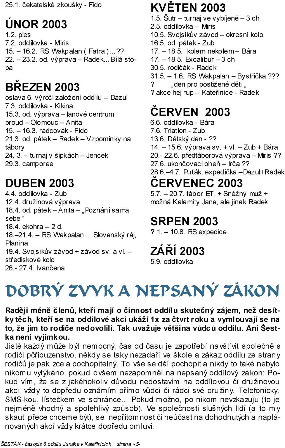 turnaj v šipkách Jencek 29.3. camporee DUBEN 2003 4.4. oddílovka - Zub 12.4. družinová výprava 18.4. od. pátek Anita Poznání sama sebe 18.4. ekohra 2 d. 18. 21.4. RS Wakpalan Slovenský ráj, Planina 19.