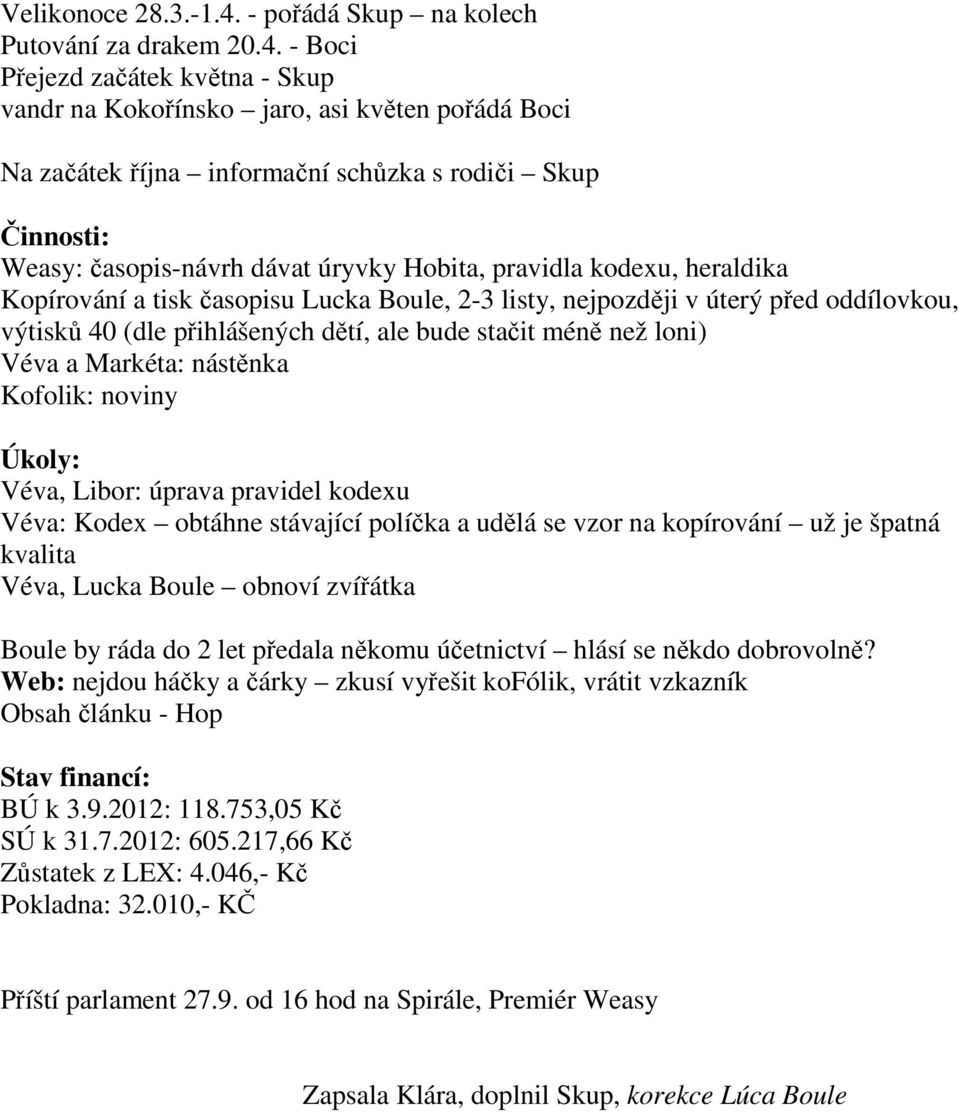 - Boci Přejezd začátek května - Skup vandr na Kokořínsko jaro, asi květen pořádá Boci Na začátek října informační schůzka s rodiči Skup Činnosti: Weasy: časopis-návrh dávat úryvky Hobita, pravidla