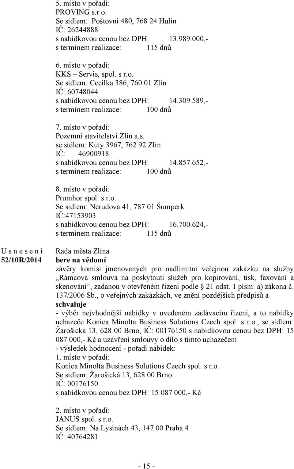 652,- s termínem realizace: 100 dnů 8. místo v pořadí: Prumhor spol. s r.o. Se sídlem: Nerudova 41, 787 01 Šumperk IČ:47153903 s nabídkovou cenou bez DPH: 16.700.