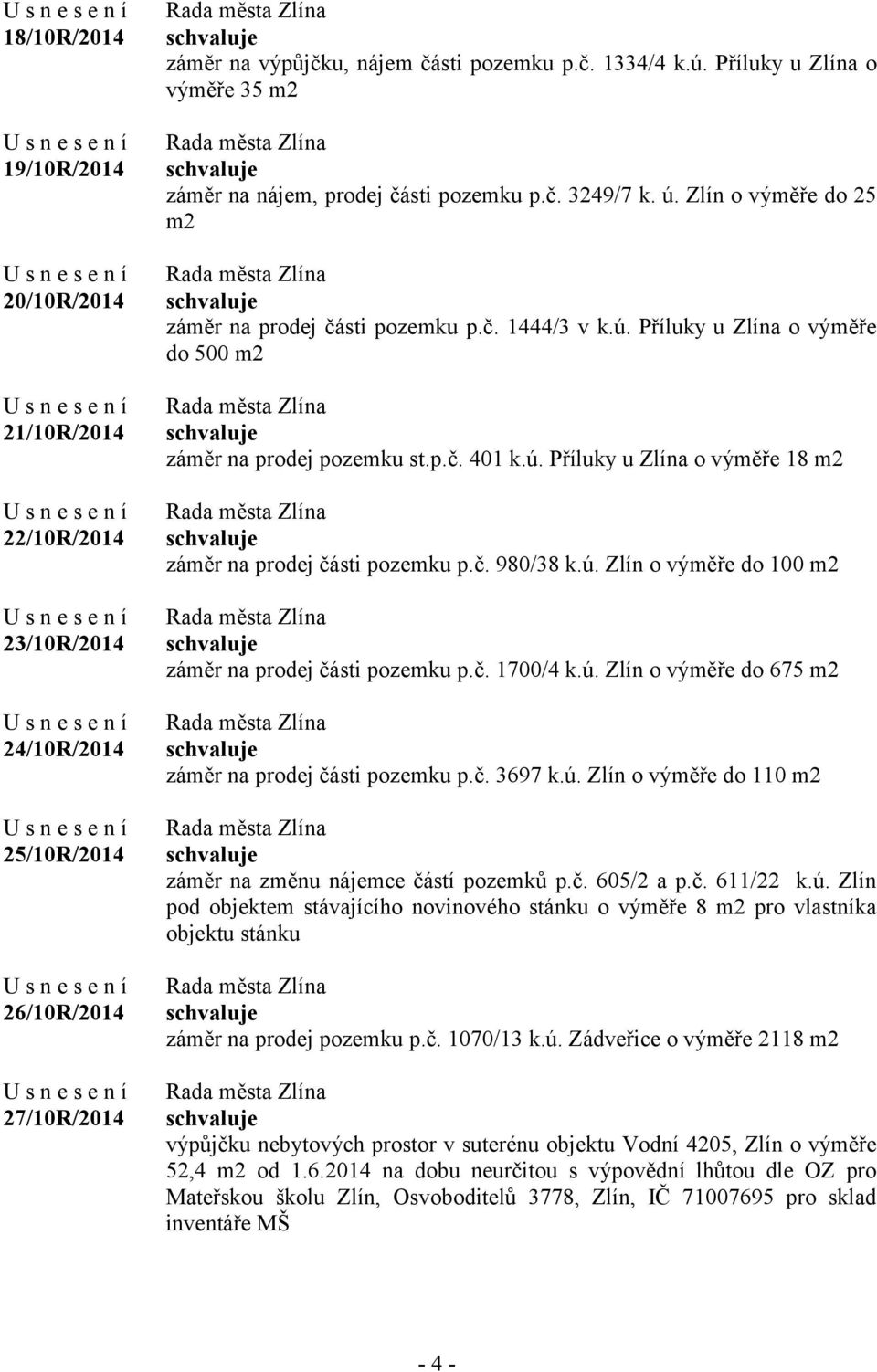 p.č. 401 k.ú. Příluky u Zlína o výměře 18 m2 záměr na prodej části pozemku p.č. 980/38 k.ú. Zlín o výměře do 100 m2 záměr na prodej části pozemku p.č. 1700/4 k.ú. Zlín o výměře do 675 m2 záměr na prodej části pozemku p.