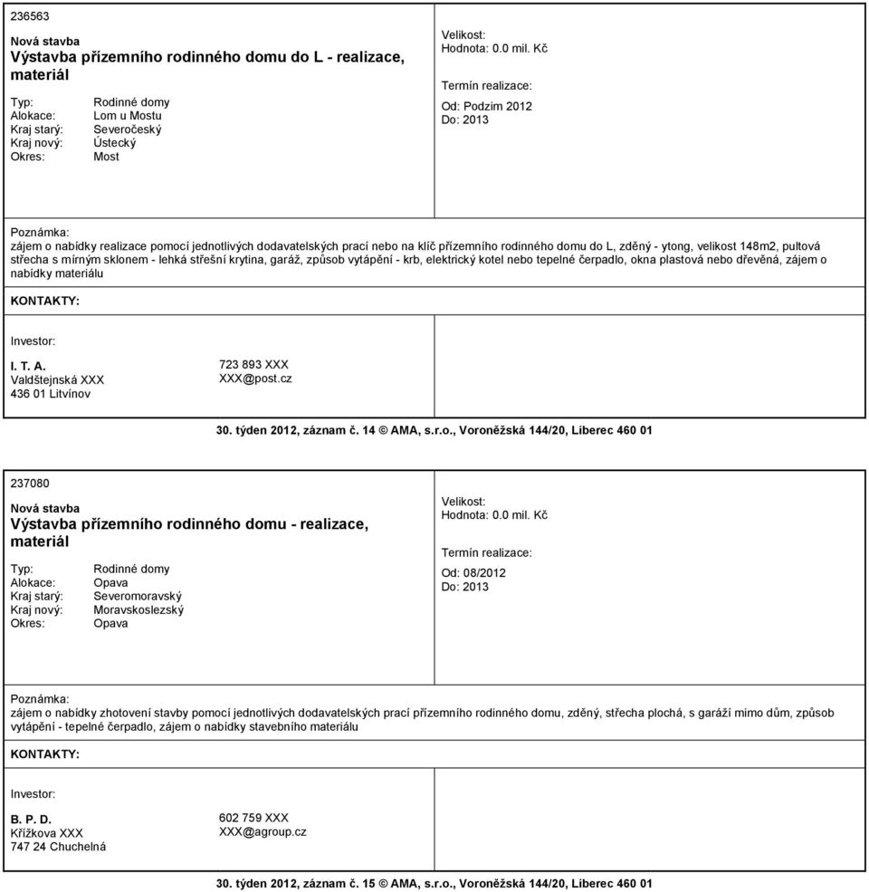 okna plastová nebo dřevěná, zájem o nabídky materiálu I. T. A. Valdštejnská XXX 436 01 Litvínov 723 893 XXX XXX@post.cz 30. týden 2012, záznam č. 14 AMA, s.r.o., Voroněžská 144/20, Liberec 460 01