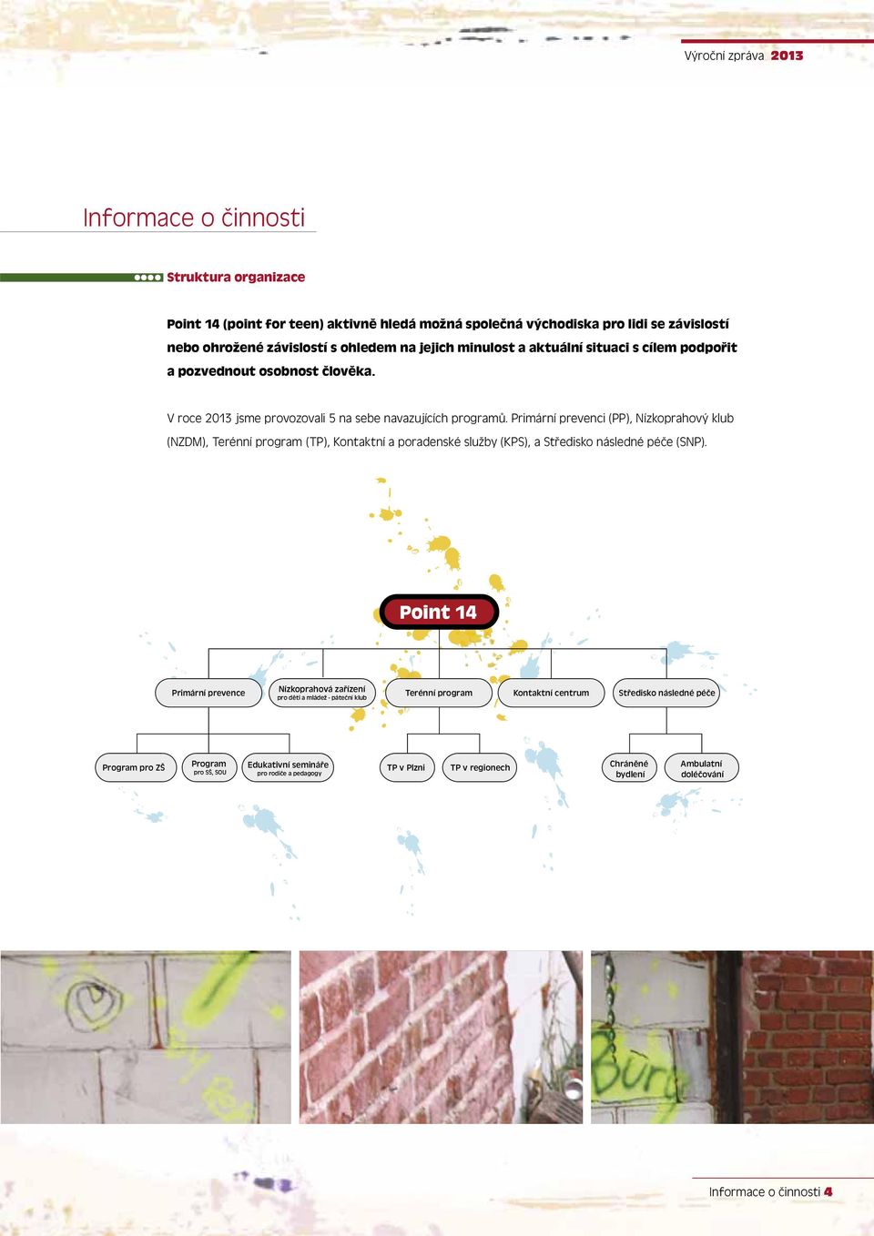 Primární prevenci (PP), Nízkoprahový klub (NZDM), Terénní program (TP), Kontaktní a poradenské služby (KPS), a Středisko následné péče (SNP).