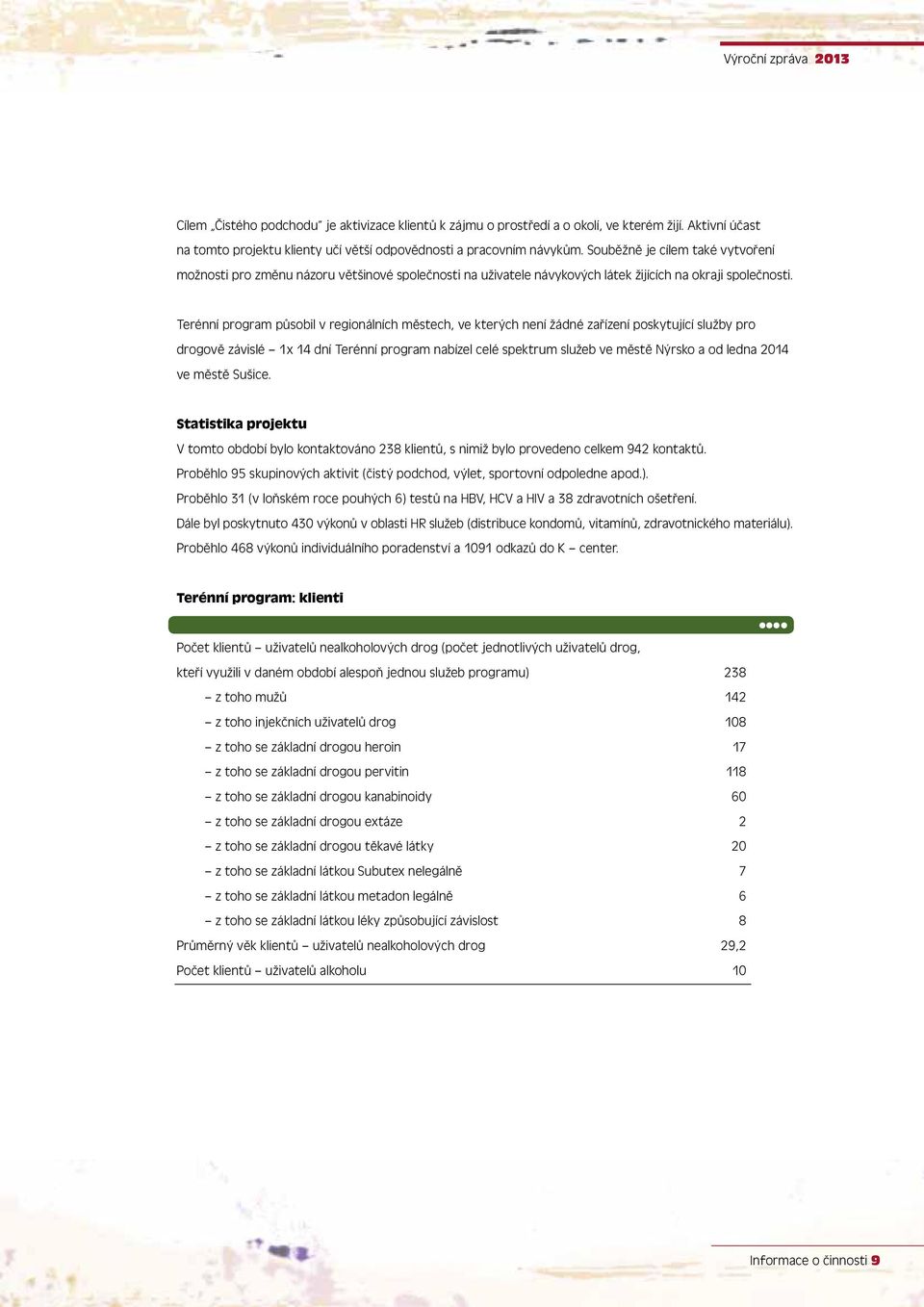 Terénní program působil v regionálních městech, ve kterých není žádné zařízení poskytující služby pro drogově závislé 1x 14 dní Terénní program nabízel celé spektrum služeb ve městě Nýrsko a od ledna