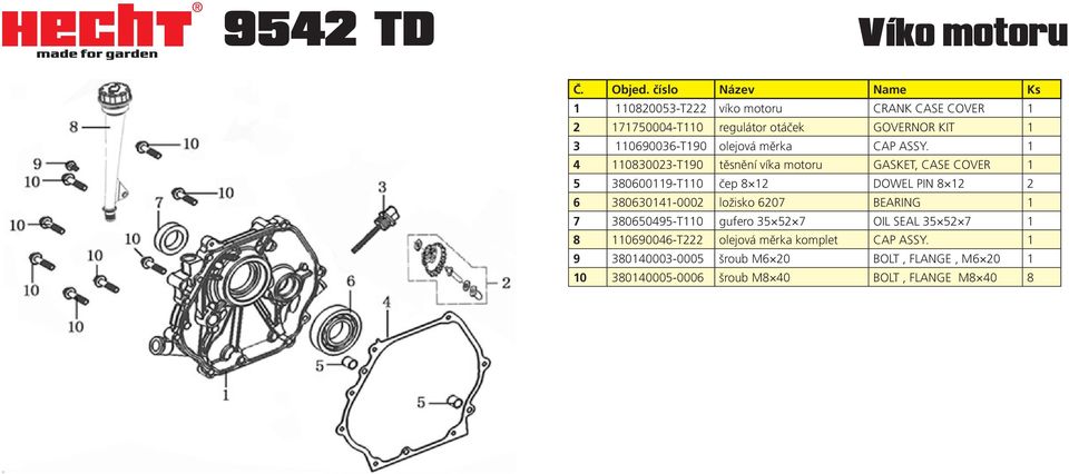 4 0830023-T90 těsnění víka motoru GASKET, CASE COVER 5 3806009-T0 čep 8 2 DOWEL PIN 8 2 2 6 3806304-0002 ložisko