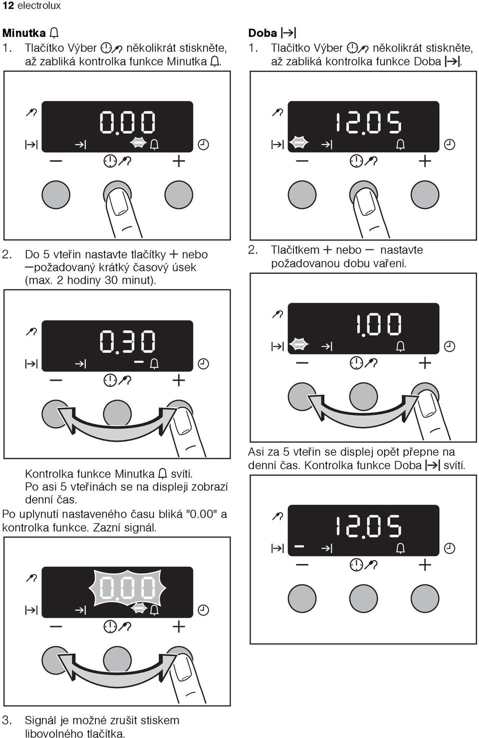 2 hodiny 30 minut). 2. Tlaèítkem nebo nastavte požadovanou dobu vaøení. Kontrolka funkce Minutka svítí. Po asi 5 vteøinách se na displeji zobrazí denní èas.
