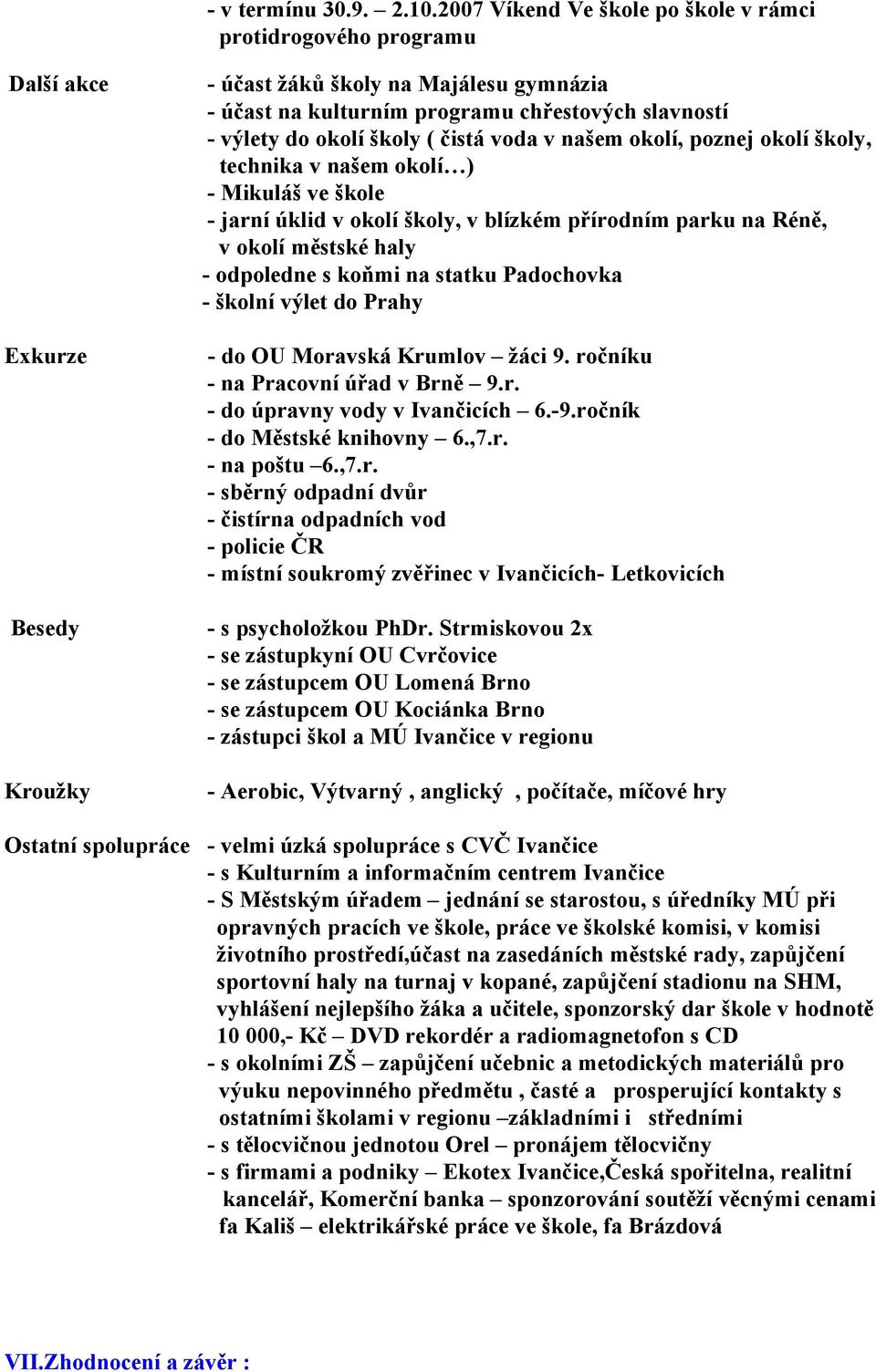 slavností - výlety do okolí školy ( čistá voda v našem okolí, poznej okolí školy, technika v našem okolí ) - Mikuláš ve škole - jarní úklid v okolí školy, v blízkém přírodním parku na Réně, v okolí