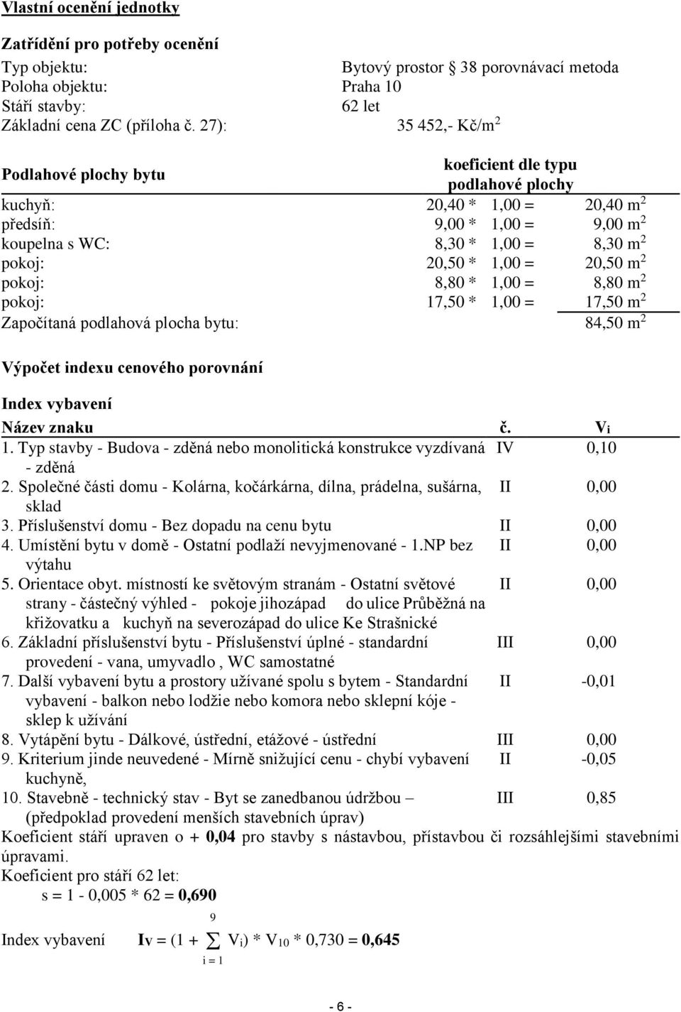 1,00 = 20,50 m 2 pokoj: 8,80 * 1,00 = 8,80 m 2 pokoj: 17,50 * 1,00 = 17,50 m 2 Započítaná podlahová plocha bytu: 84,50 m 2 Výpočet indexu cenového porovnání Index vybavení Název znaku č. Vi 1.