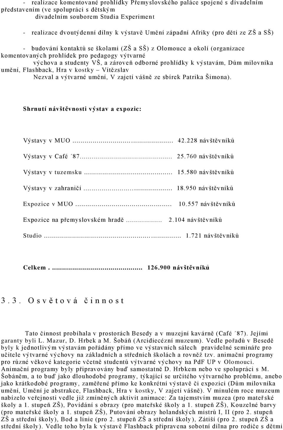 prohlídky k výstavám, Dům milovníka umění, Flashback, Hra v kostky Vítězslav Nezval a výtvarné umění, V zajetí vášně ze sbírek Patrika Šimona). Shrnutí návštěvnosti výstav a expozic: Výstavy v MUO.