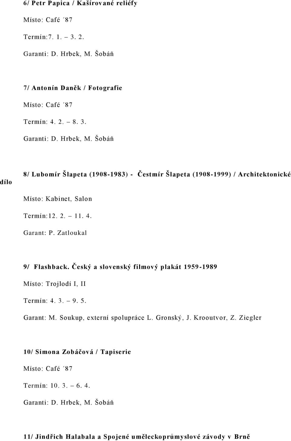 Šobáň dílo 8/ Lubomír Šlapeta (1908-1983) - Čestmír Šlapeta (1908-1999) / Architektonické Místo: Kabinet, Salon Termín:12. 2. 11. 4. Garant: P. Zatloukal 9/ Flashback.