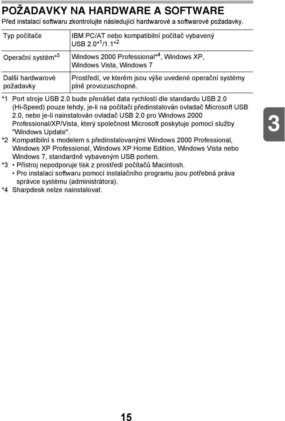 * Windows 000 Professional*, Windows XP, Windows Vista, Windows 7 Prostředí, ve kterém jsou výše uvedené operační systémy plně provozuschopné. * Port stroje USB.