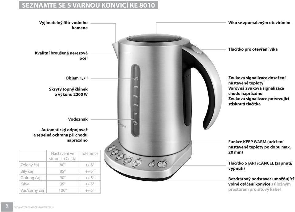 tepelná ochrana při chodu naprázdno Nastavení ve Tolerance stupních Celsia Zelený čaj 80 +/-5 Bílý čaj 85 +/-5 Oolong čaj 90 +/-5 Káva 95 +/-5 Var/černý čaj 100 +/-5 Funkce KEEP WARM (udržení