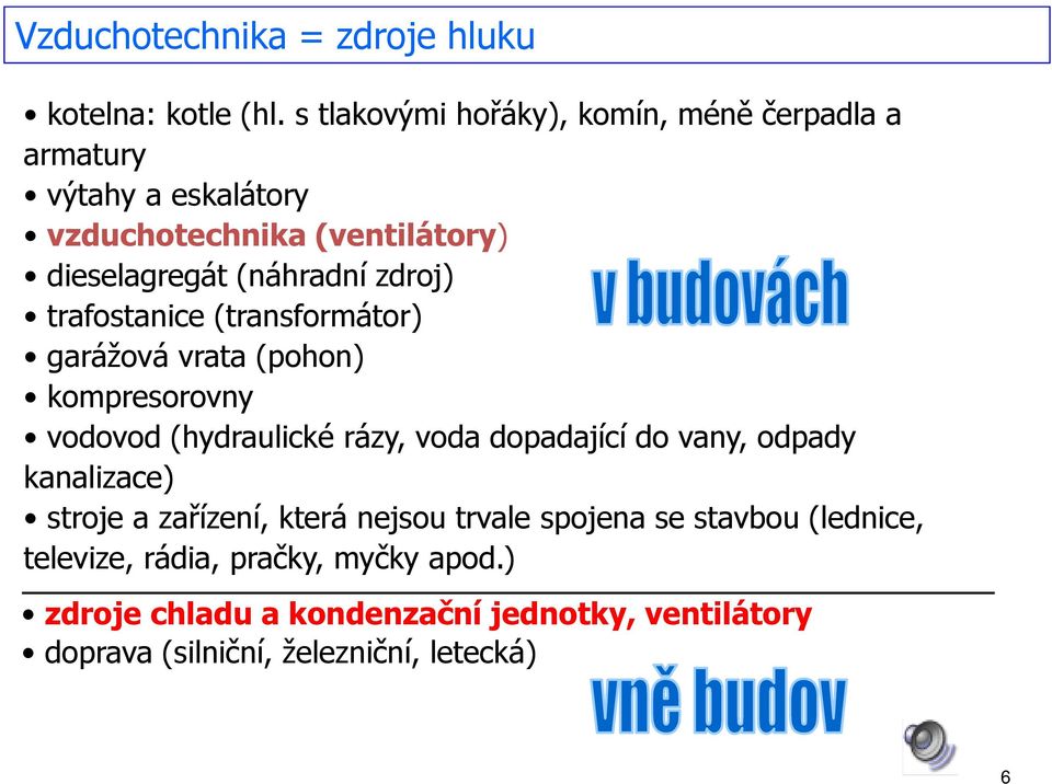 zdroj) trafostanice (transformátor) garážová vrata (pohon) kompresorovny vodovod (hydraulické rázy, voda dopadající do vany,