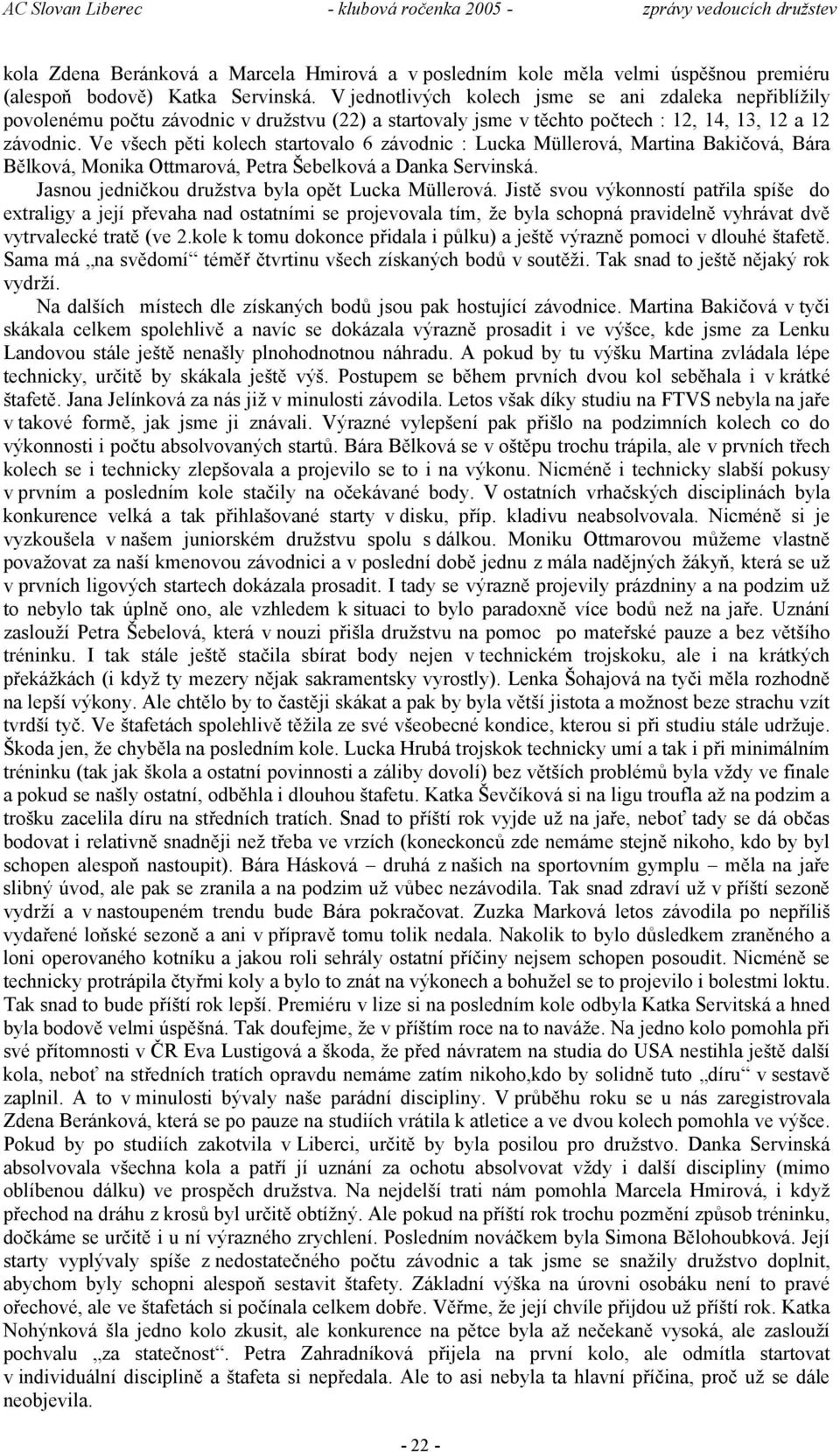 Ve všech pěti kolech startovalo 6 závodnic : Lucka Müllerová, Martina Bakičová, Bára Bělková, Monika Ottmarová, Petra Šebelková a Danka Servinská. Jasnou jedničkou družstva byla opět Lucka Müllerová.