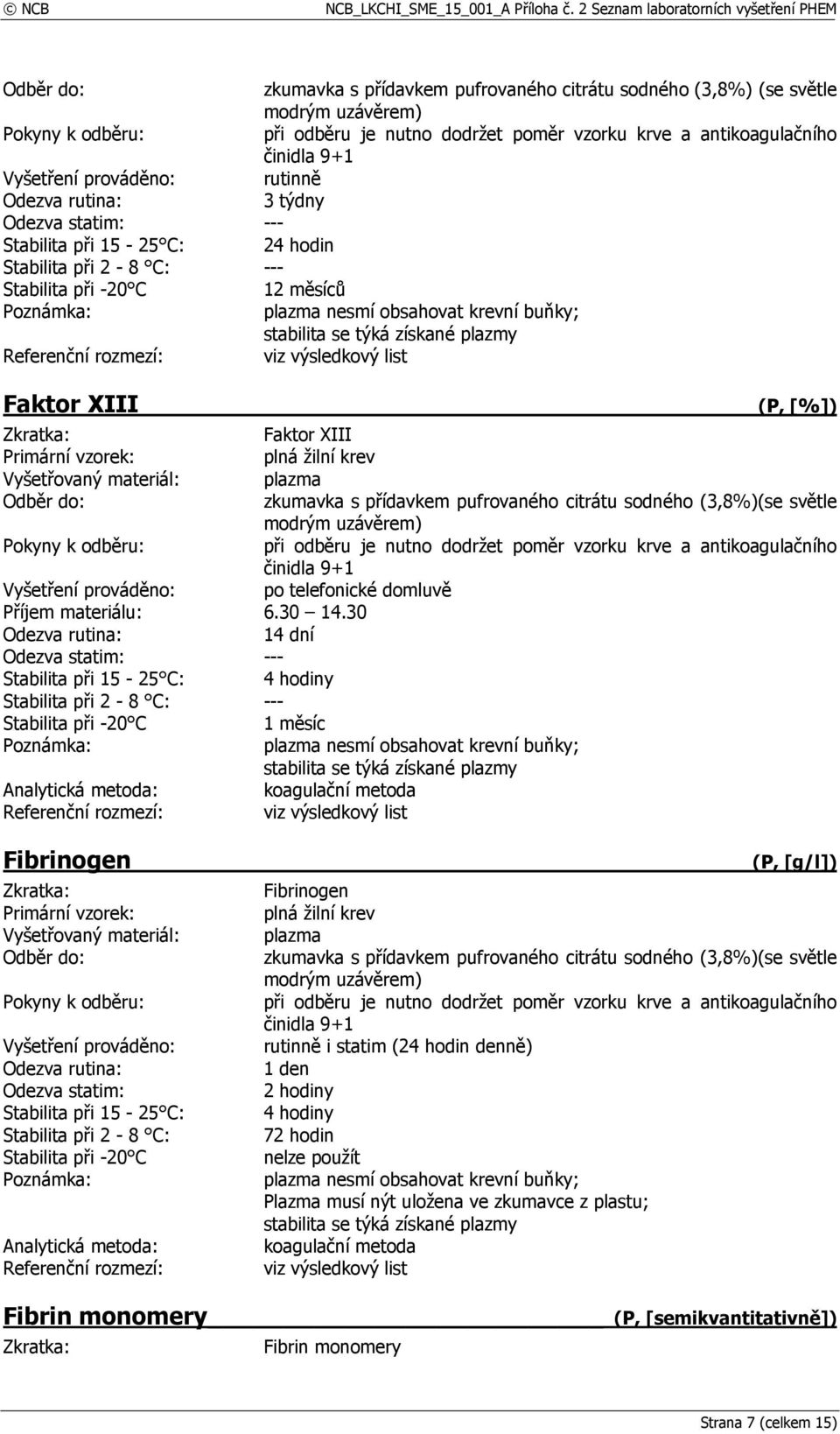 rozmezí: (P, [g/l]) Fibrinogen plazma zkumavka s přídavkem pufrovaného citrátu sodného (3,8%)(se světle rutinně i statim (24 hodin denně) 4 hodiny 72 hodin nelze