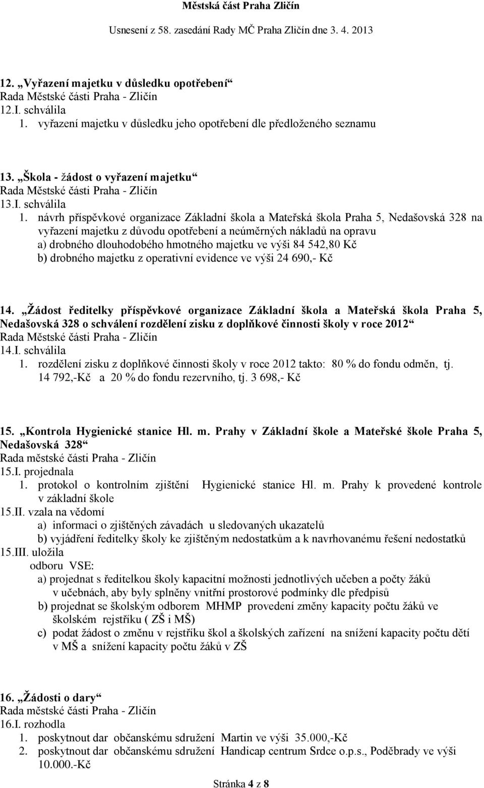 návrh příspěvkové organizace Základní škola a Mateřská škola Praha 5, Nedašovská 328 na vyřazení majetku z důvodu opotřebení a neúměrných nákladů na opravu a) drobného dlouhodobého hmotného majetku