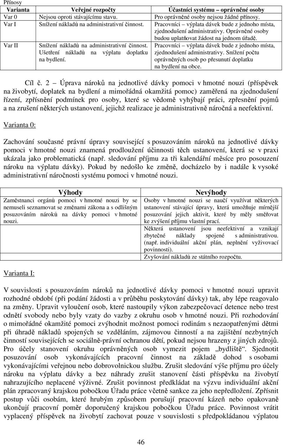 Ušetření nákladů na výplatu doplatku na bydlení. Pracovníci výplata dávek bude z jednoho místa, zjednodušení administrativy. Snížení počtu oprávněných osob po přesunutí doplatku na bydlení na obce.